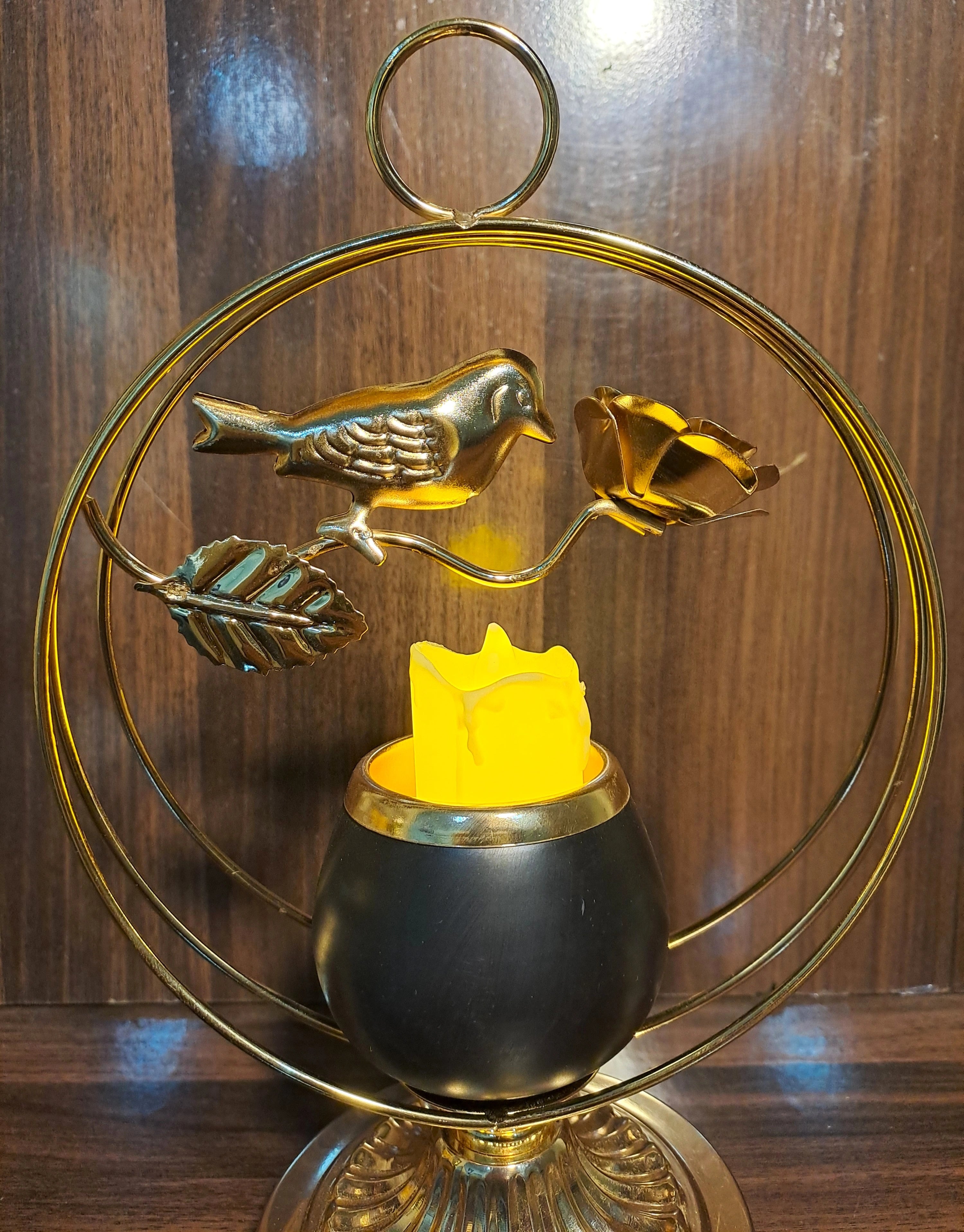 Golden Metallic Candle Stand with Sparrow inside Circle (with LED Candle)