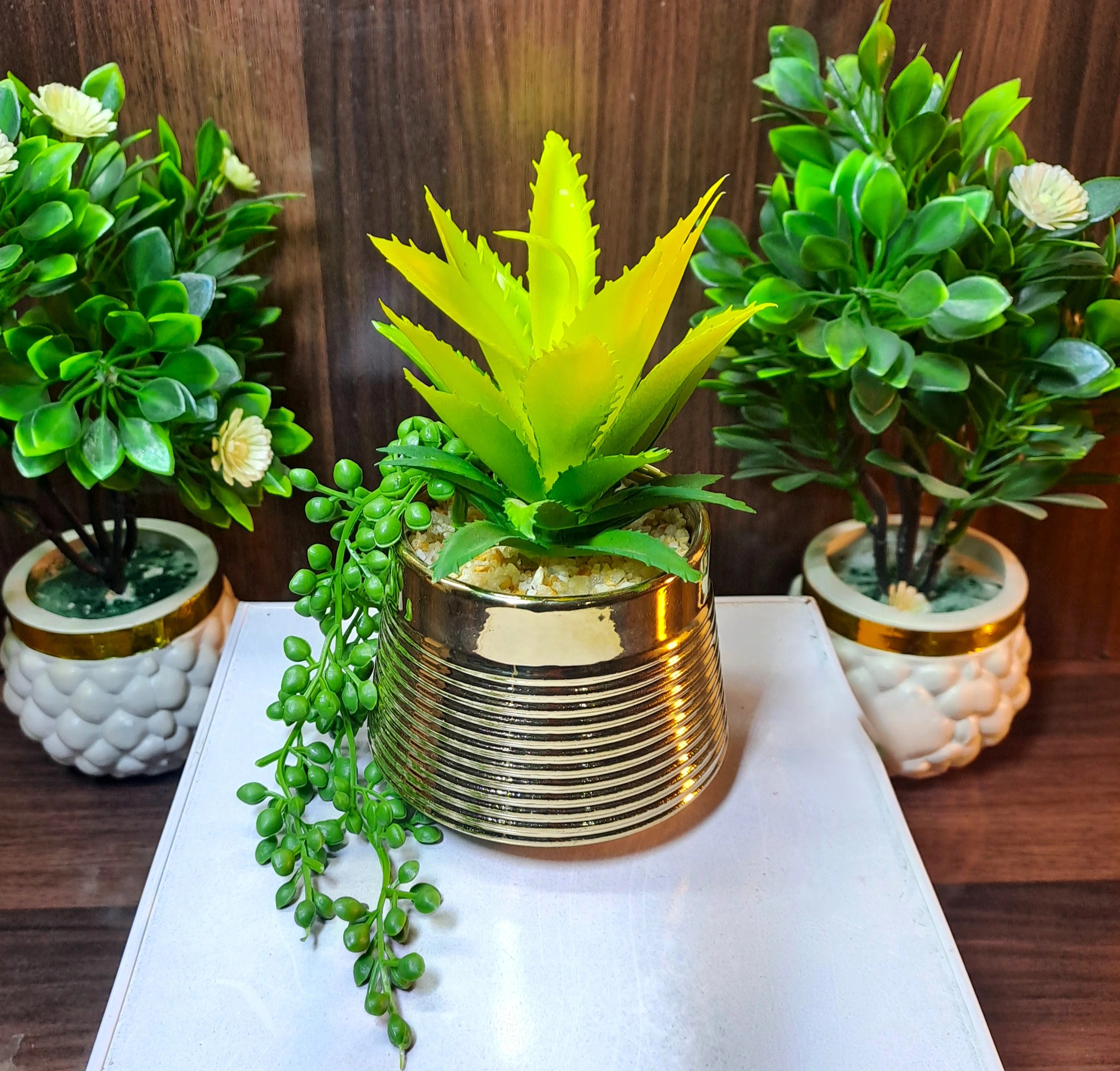 Classic Golden Ceramic Pot with artificial Cactus Plant & Succulent Pearls