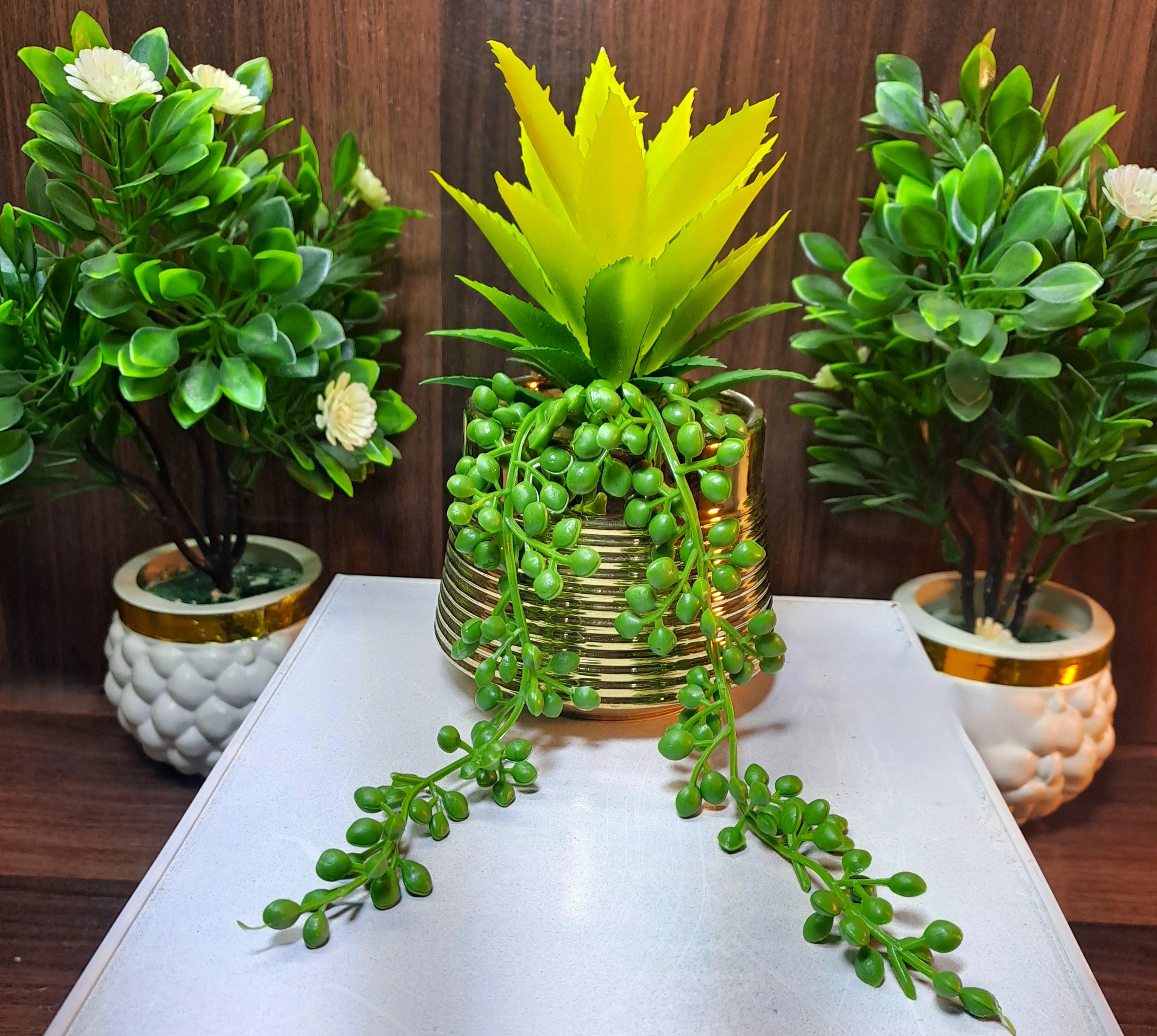 Classic Golden Ceramic Pot with artificial Cactus Plant & Succulent Pearls