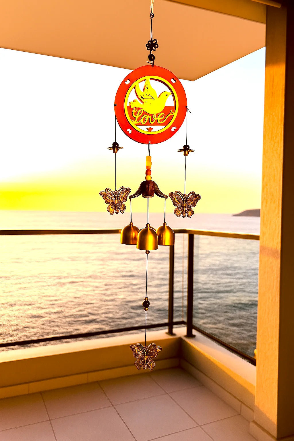 Wooden Love & Metallic Wind Chime With Golden Bells