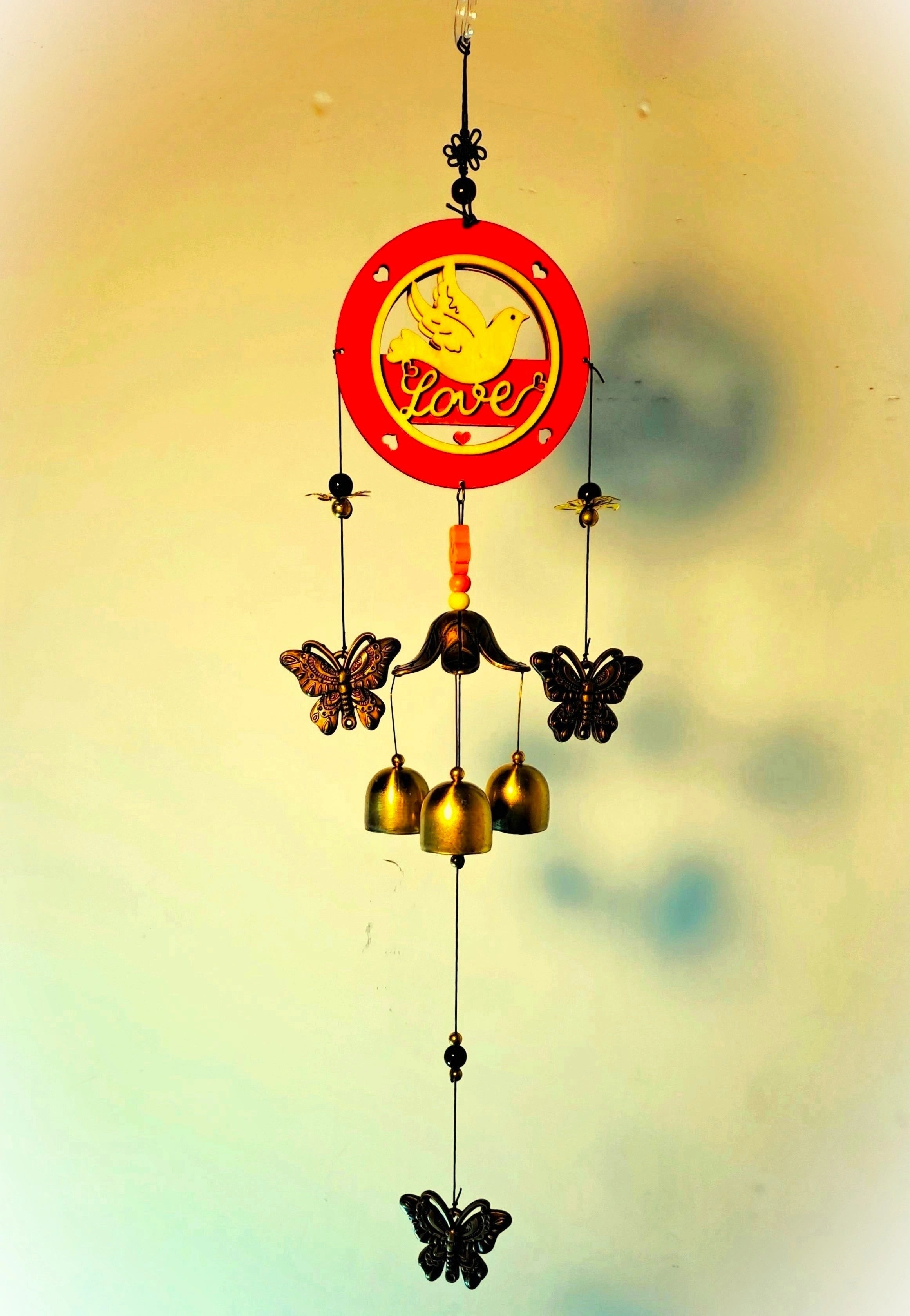 Wooden Love & Metallic Wind Chime With Golden Bells