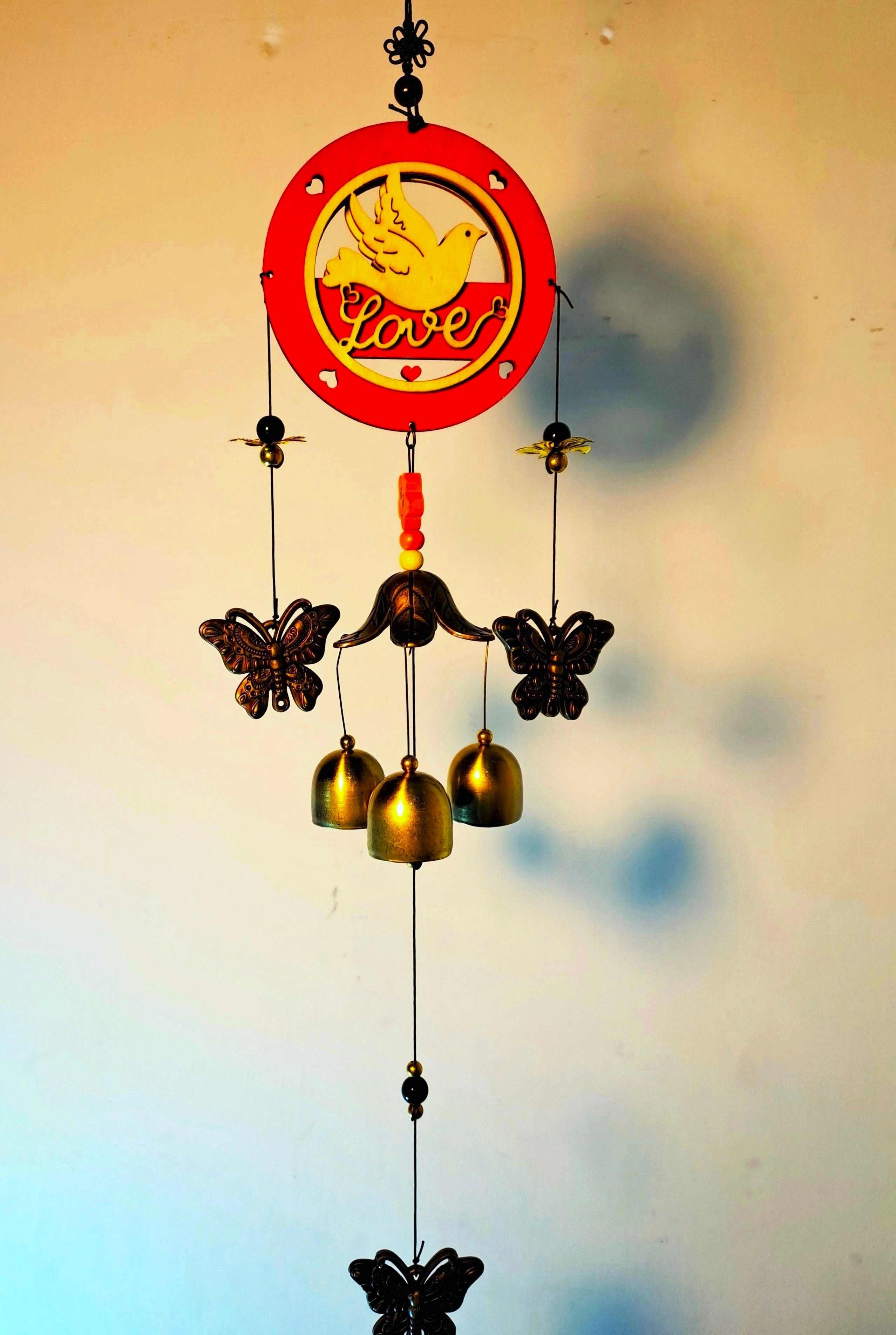 Wooden Love & Metallic Wind Chime With Golden Bells