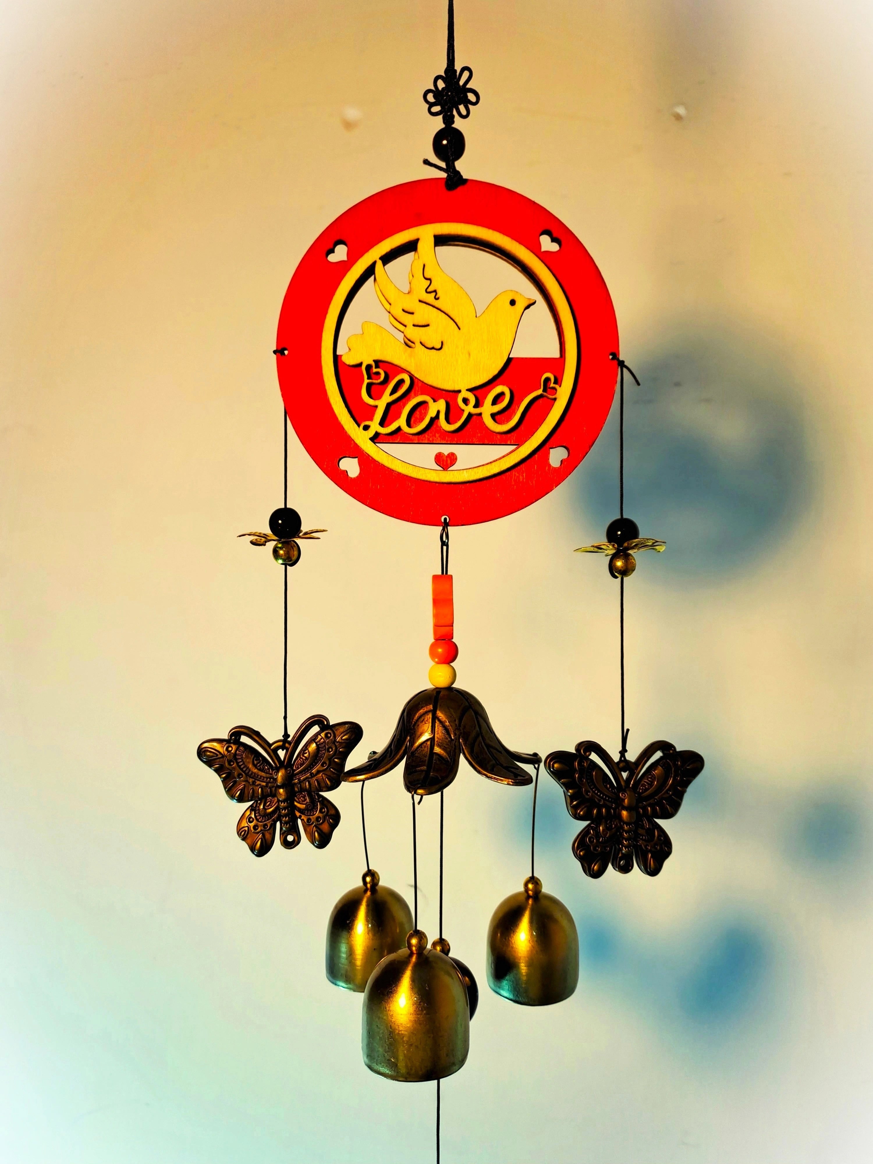 Wooden Love & Metallic Wind Chime With Golden Bells
