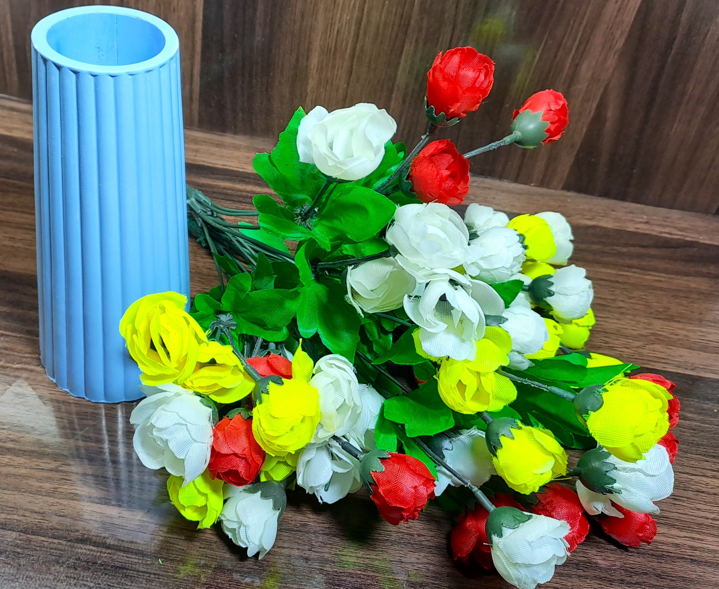 Aesthetic Ceramic Vase (Blue) with Bunch of Multi Colour flowers