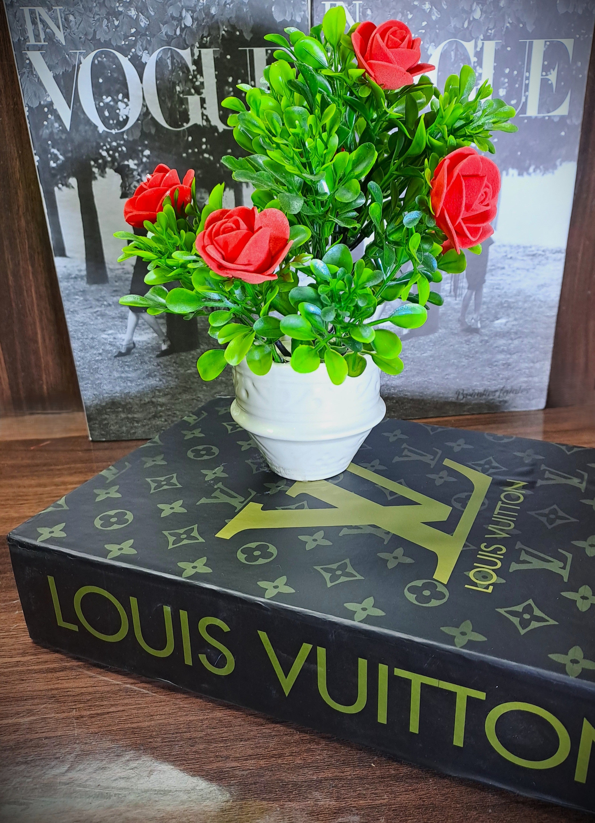 White Ceramic Pot with Classic Green Plant with Red Flowers