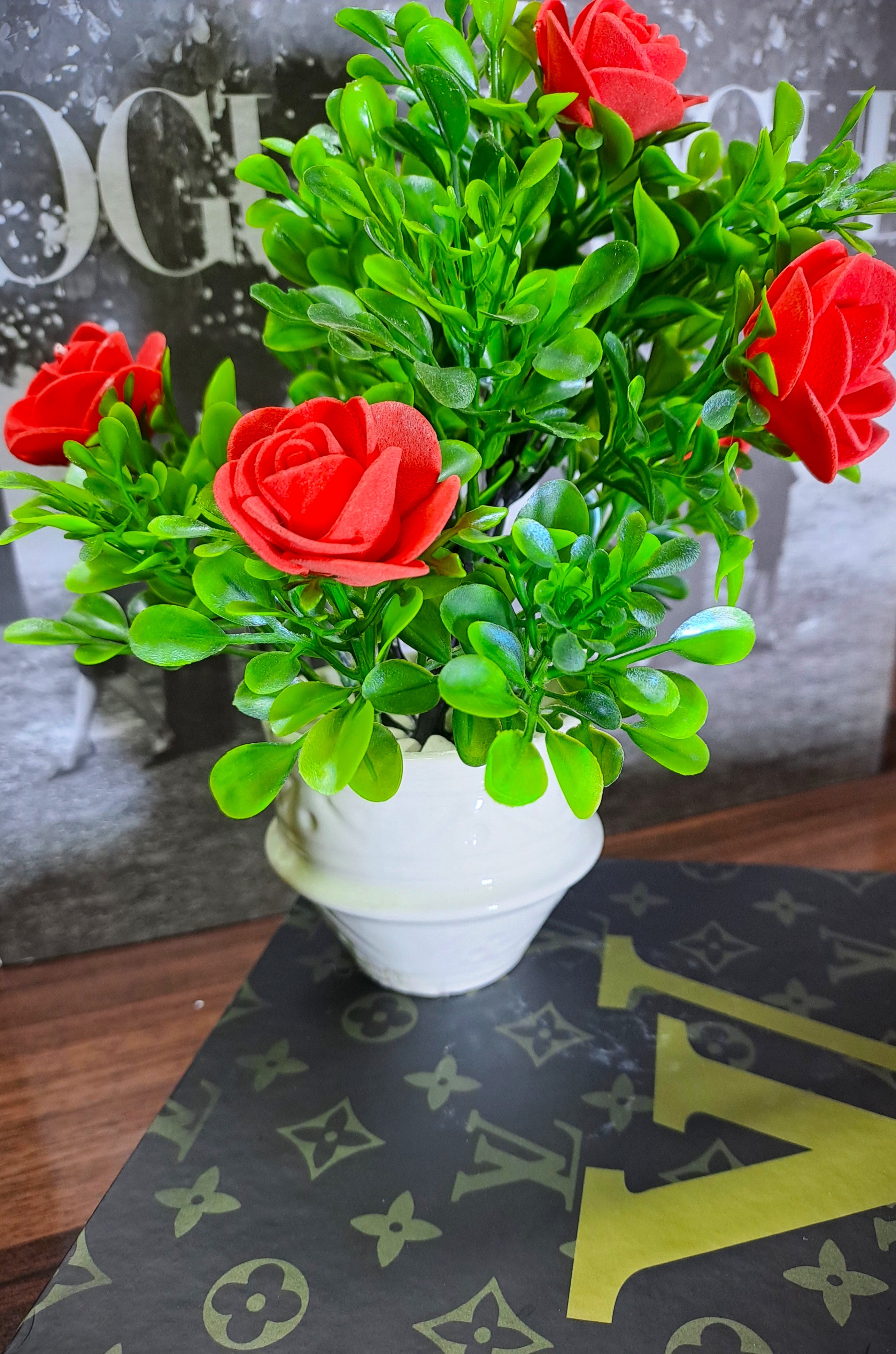White Ceramic Pot with Classic Green Plant with Red Flowers