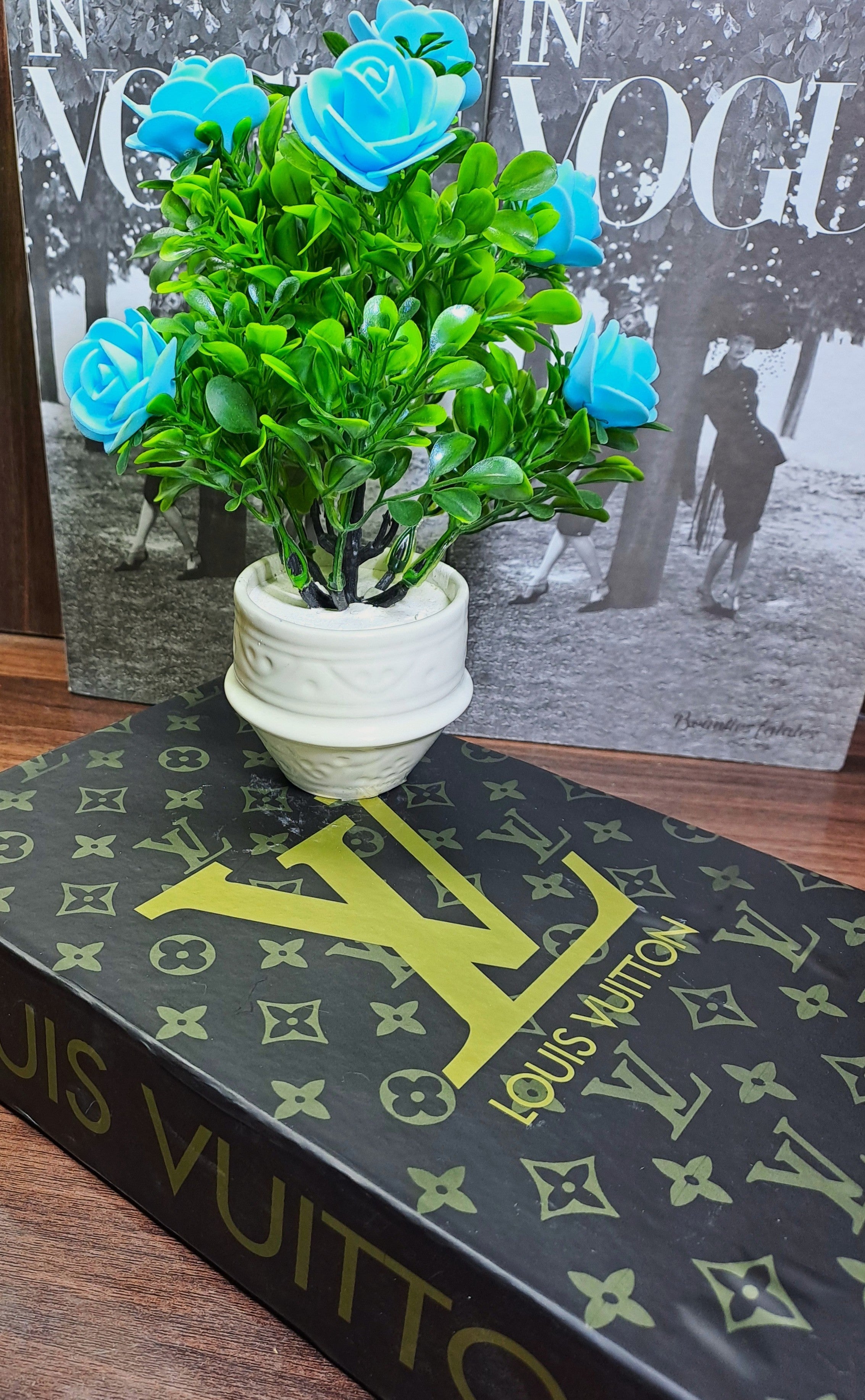 White Ceramic Pot with Classic Green Plant with Blue Flowers