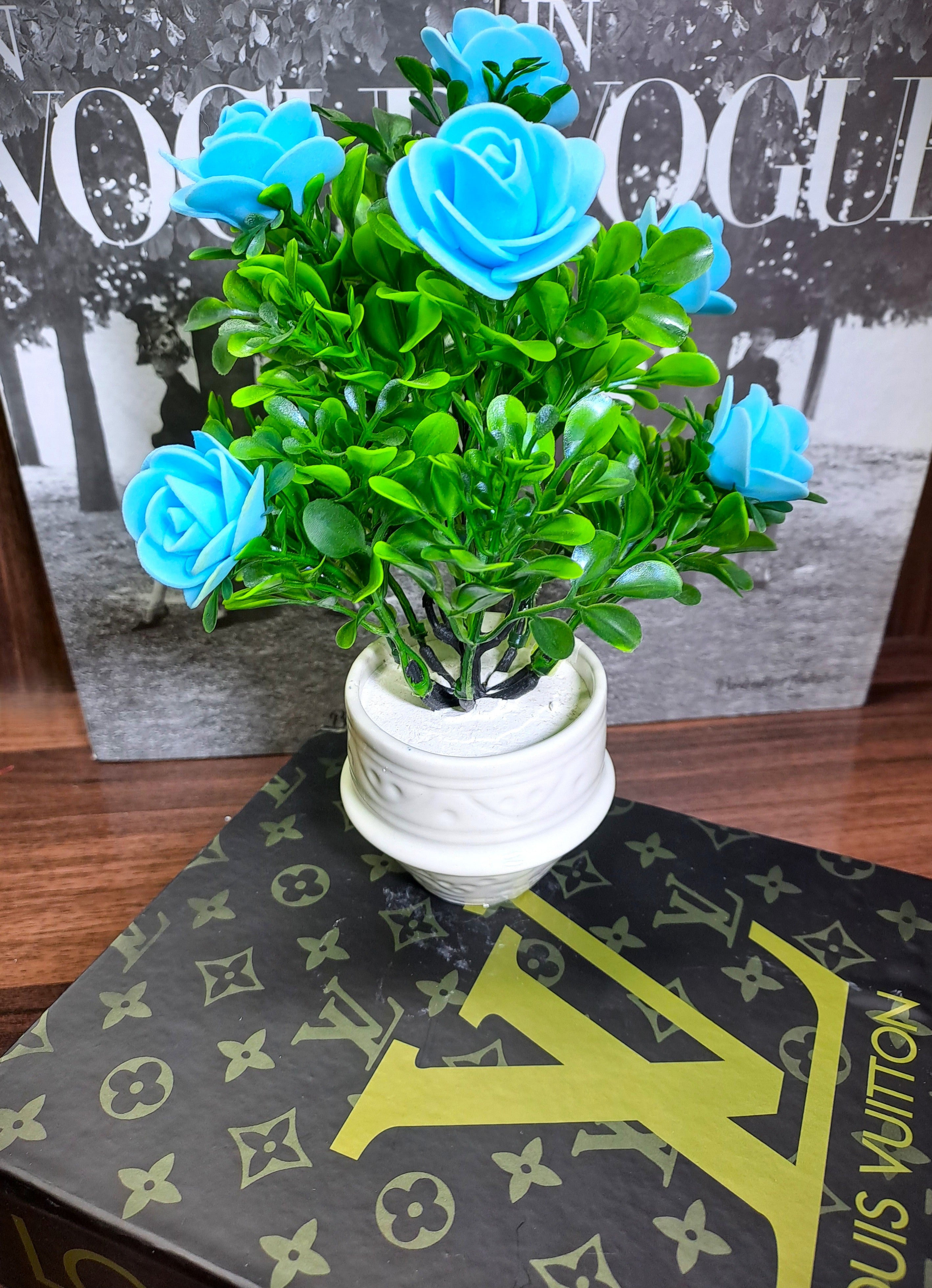 White Ceramic Pot with Classic Green Plant with Blue Flowers