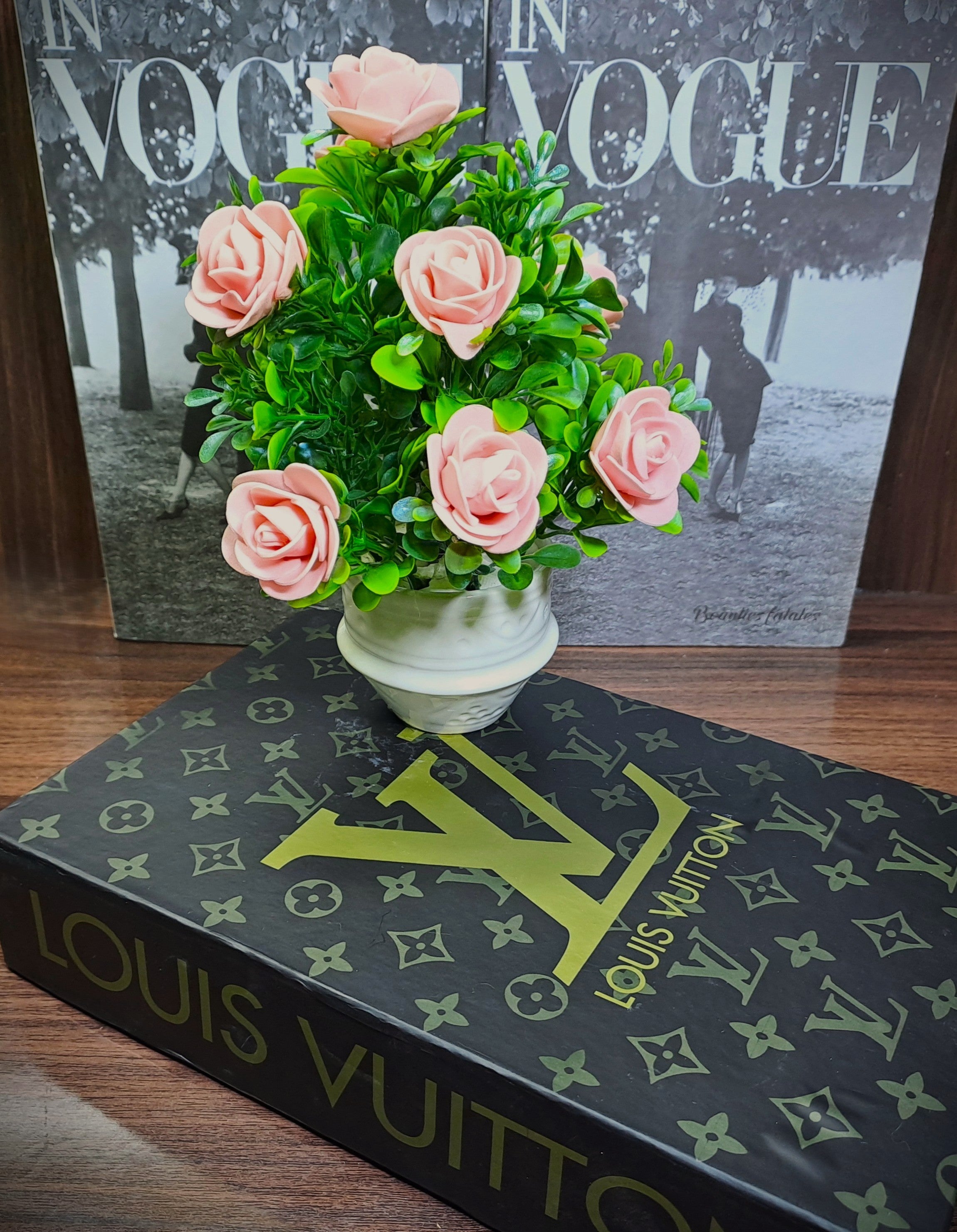 White Ceramic Pot with Classic Green Plant with Peach Flowers