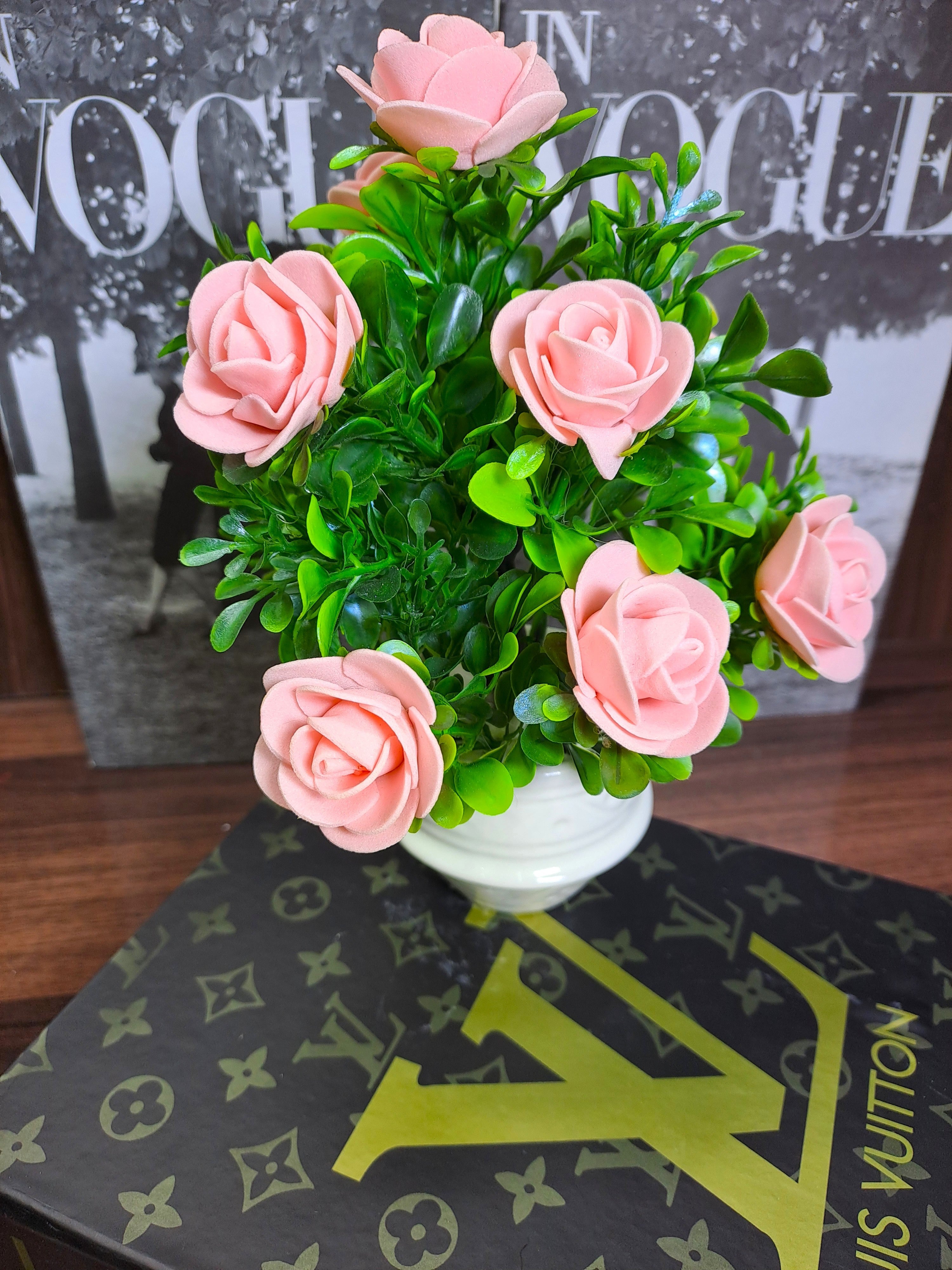 White Ceramic Pot with Classic Green Plant with Peach Flowers