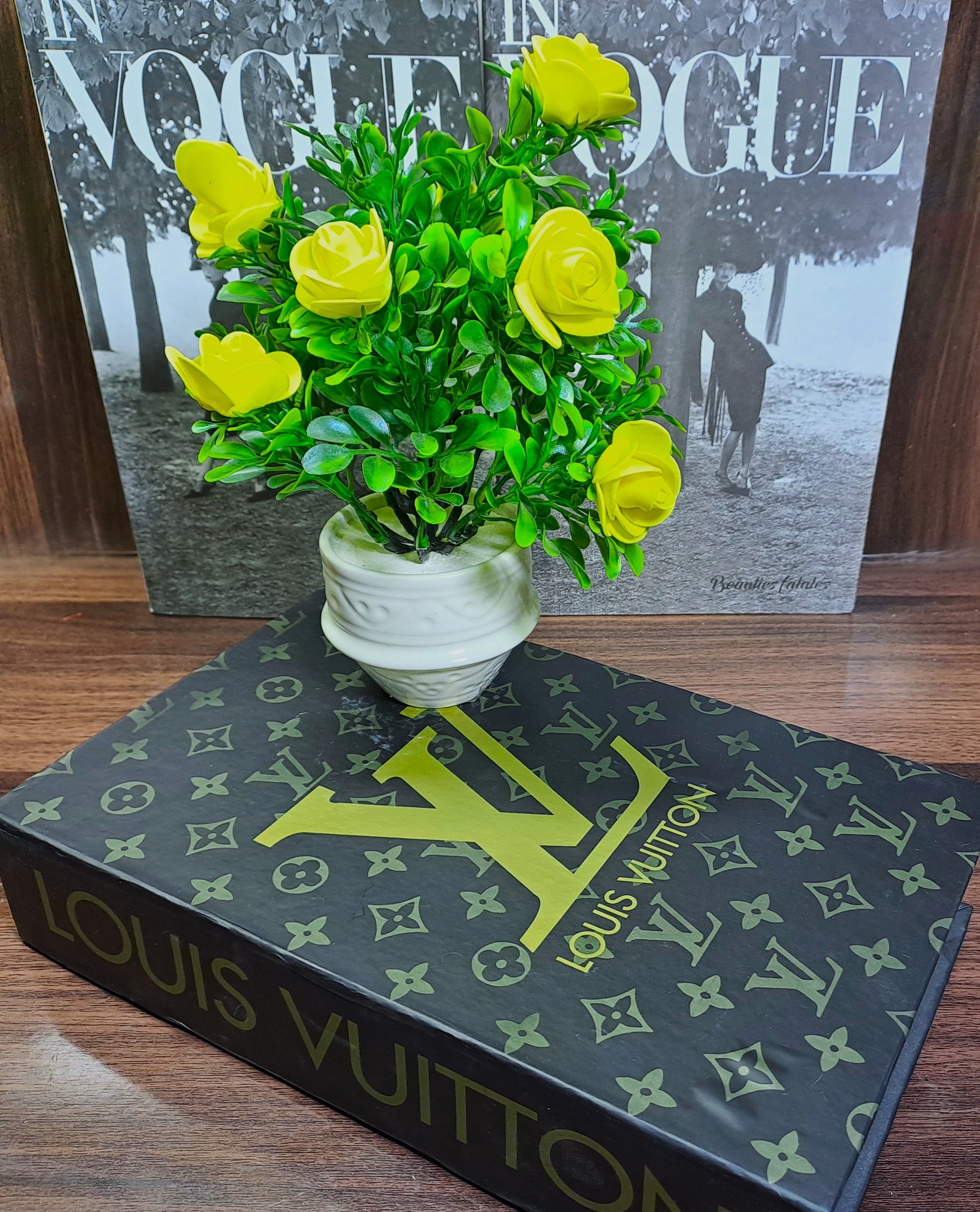 White Ceramic Pot with Classic Green Plant with Yellow Flowers