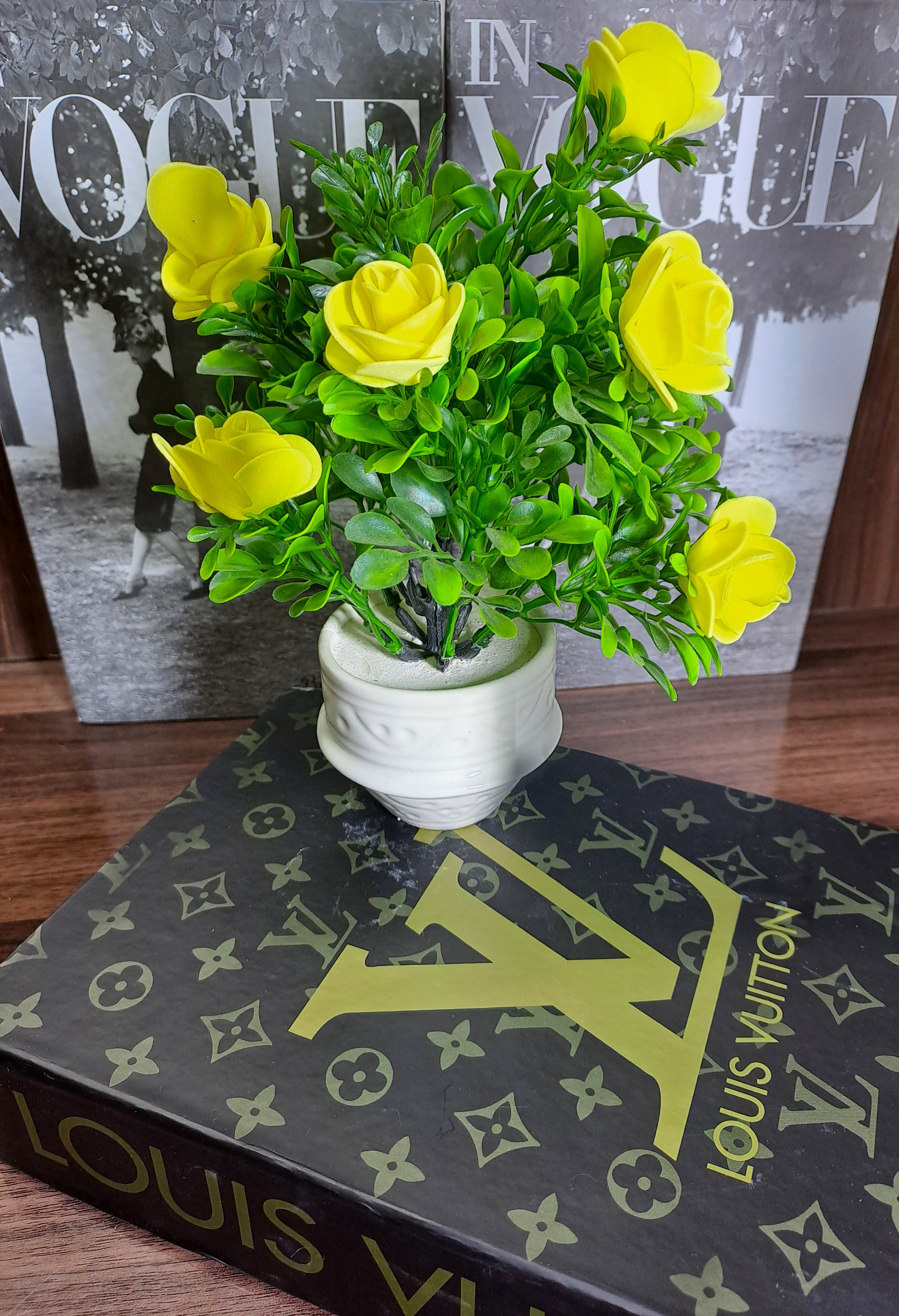 White Ceramic Pot with Classic Green Plant with Yellow Flowers