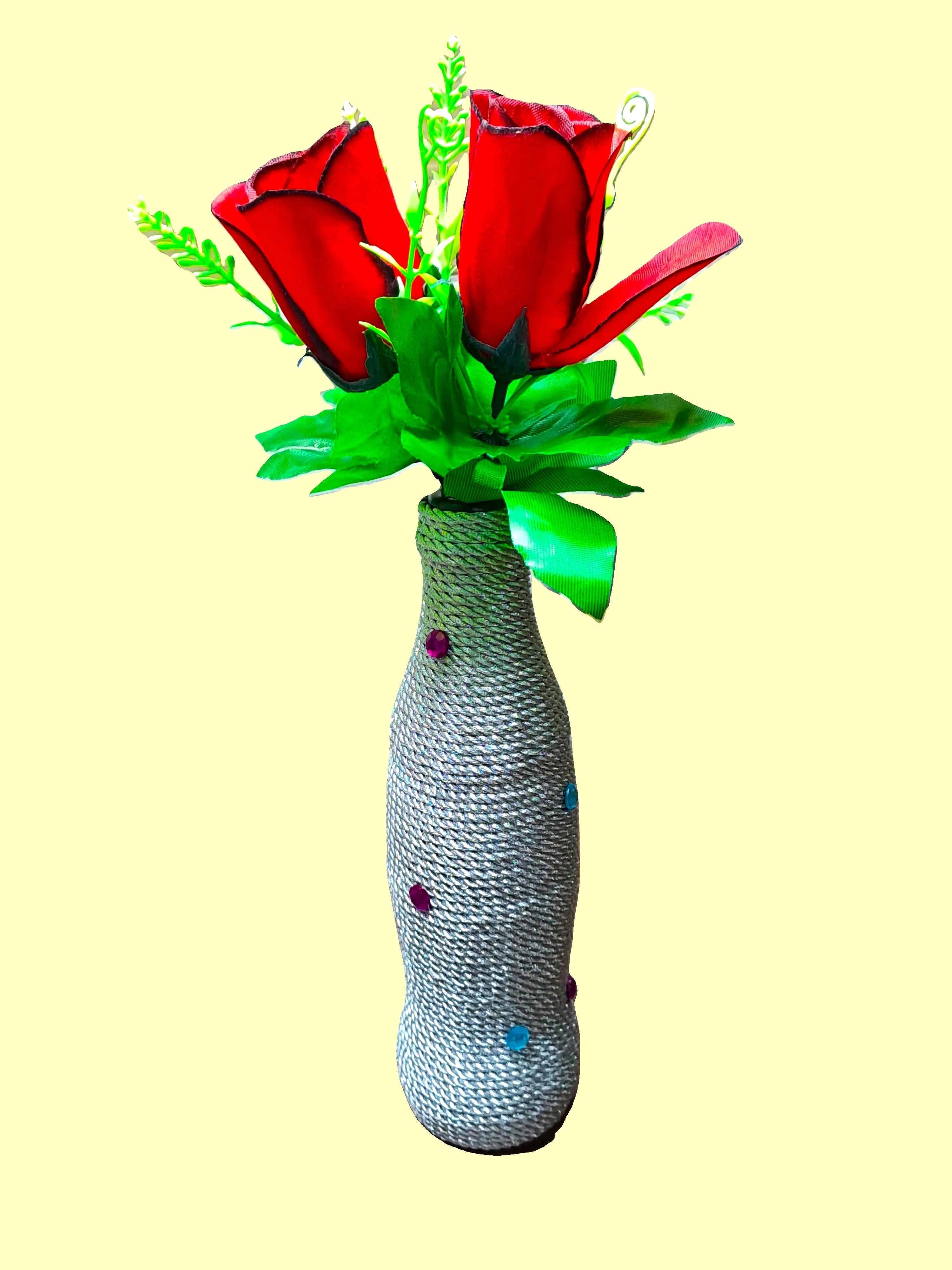 Handcrafted Glass Bottle Vase Embellished with Silver Rope & Beads (with 2 Rose Flower Stems)