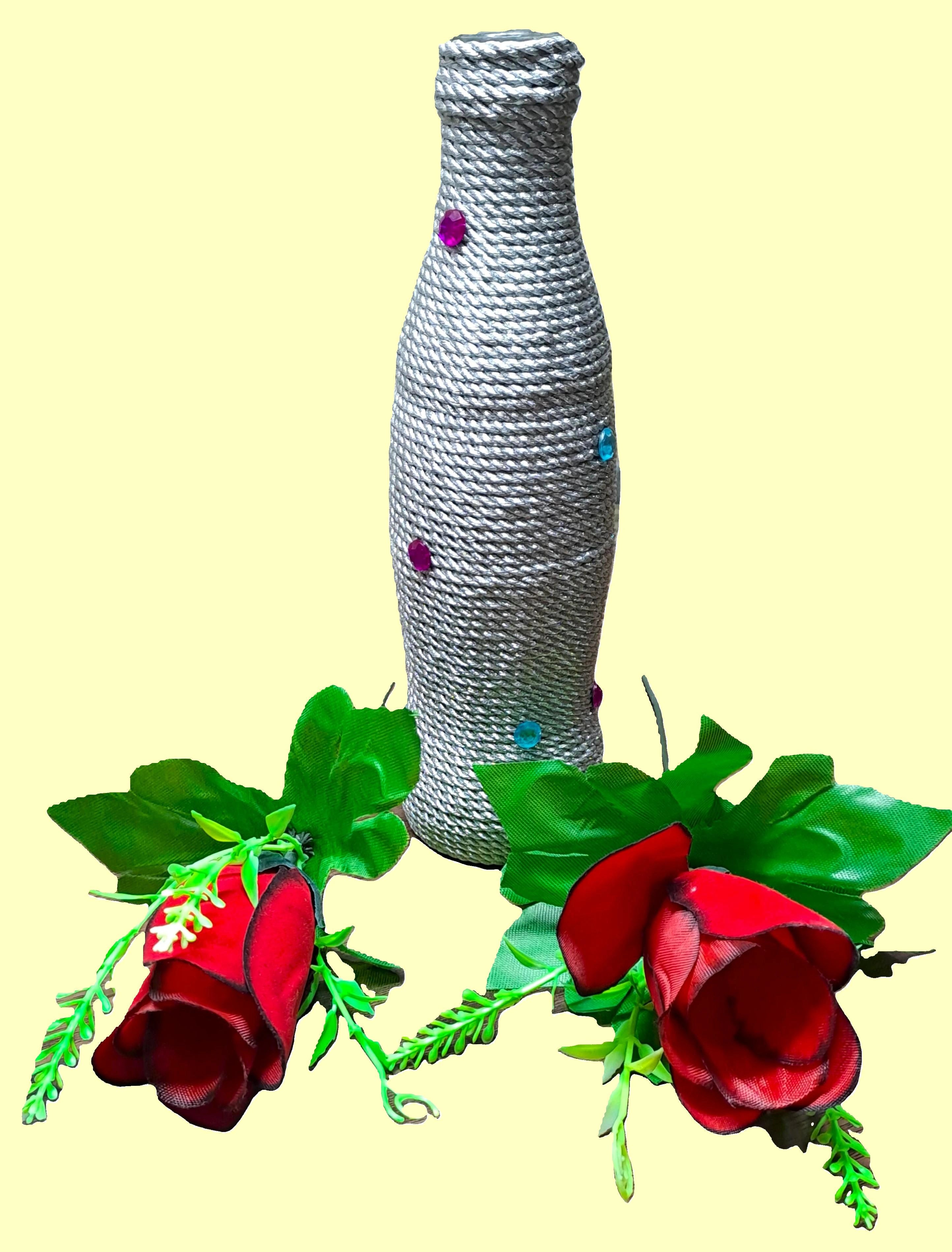 Handcrafted Glass Bottle Vase Embellished with Silver Rope & Beads (with 2 Rose Flower Stems)