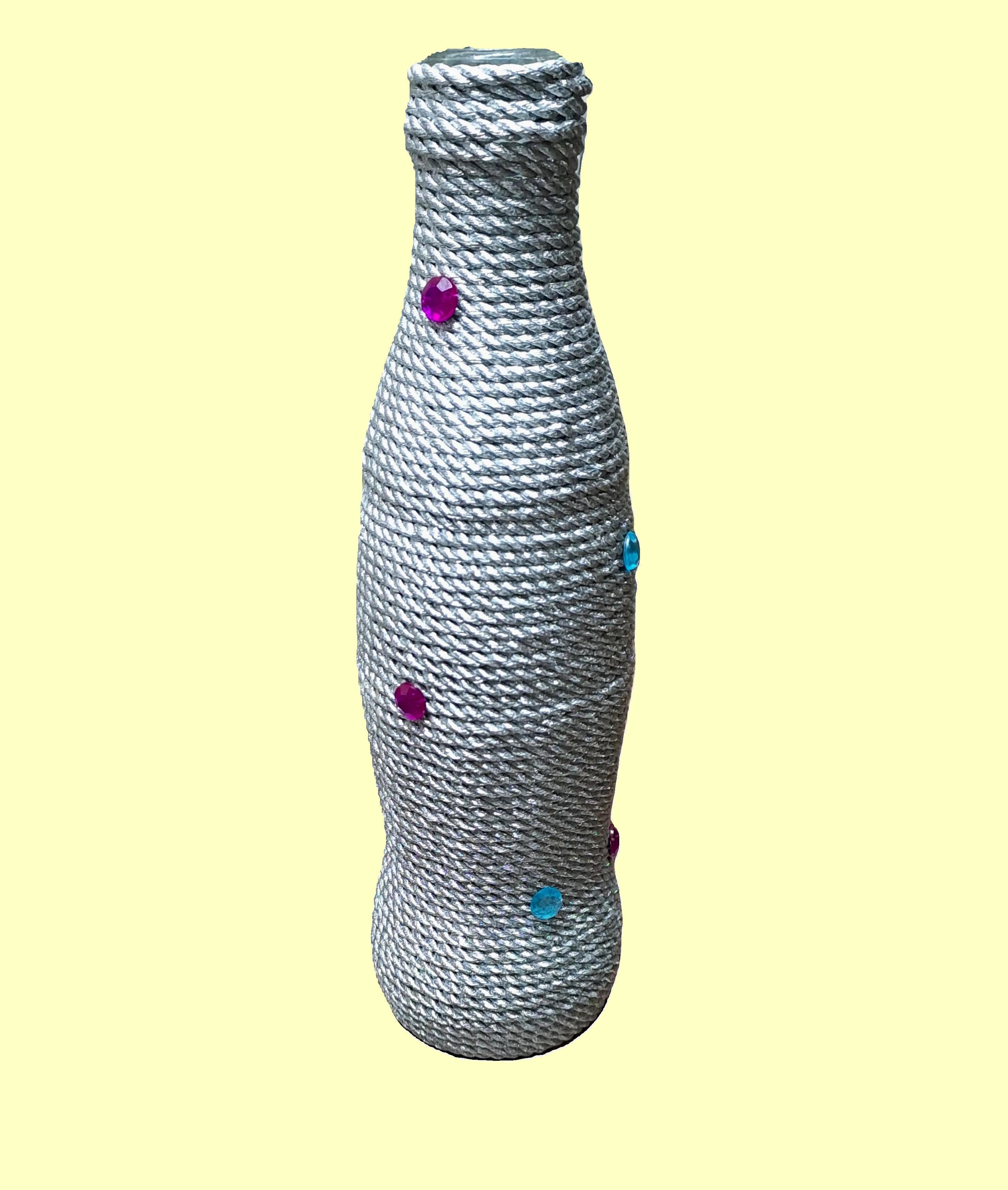 Handcrafted Glass Bottle Vase Embellished with Silver Rope & Beads (with 2 Rose Flower Stems)
