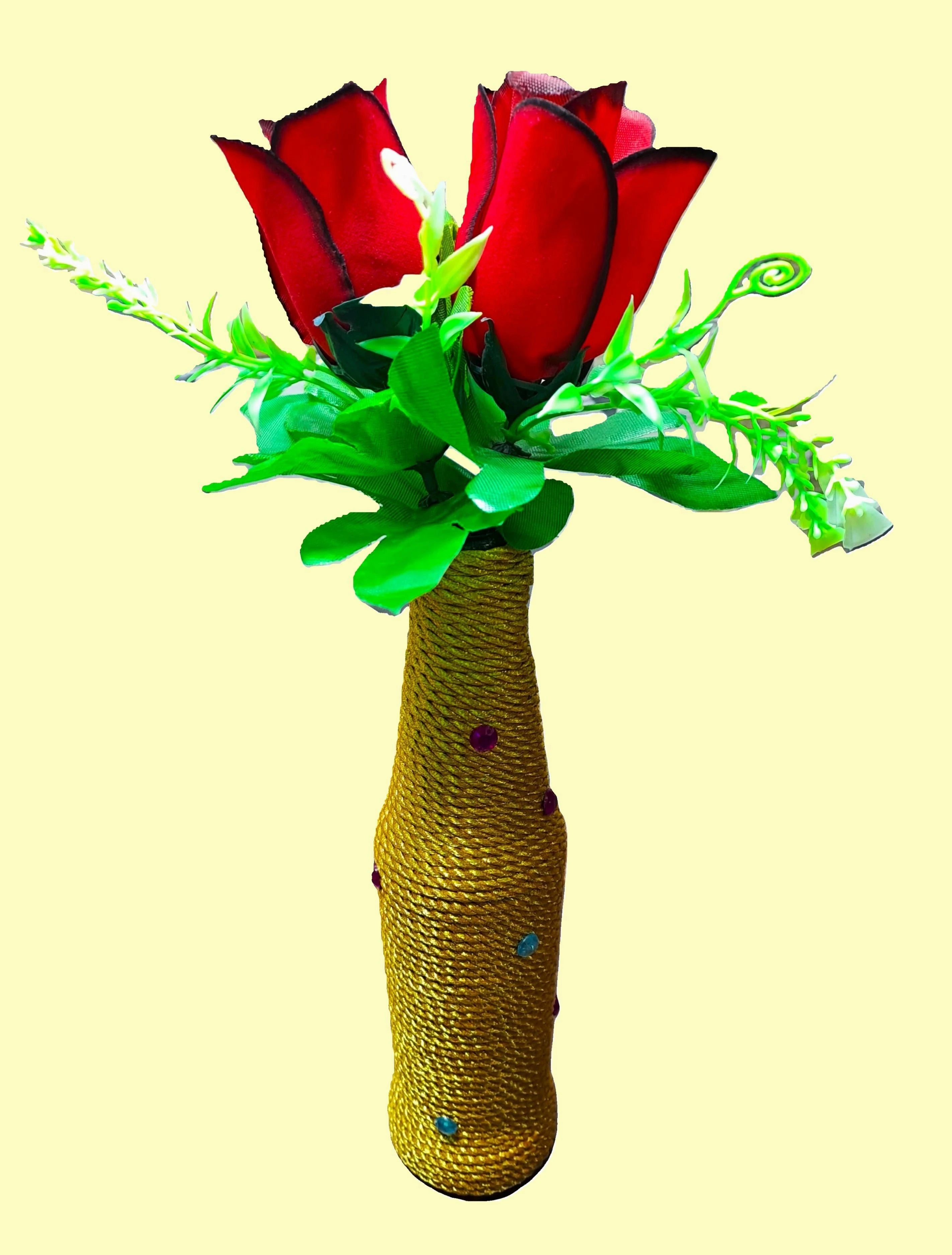 Handcrafted Glass Bottle Vase Embellished with Golden Rope & Beads (with 2 Rose Flower Stems)