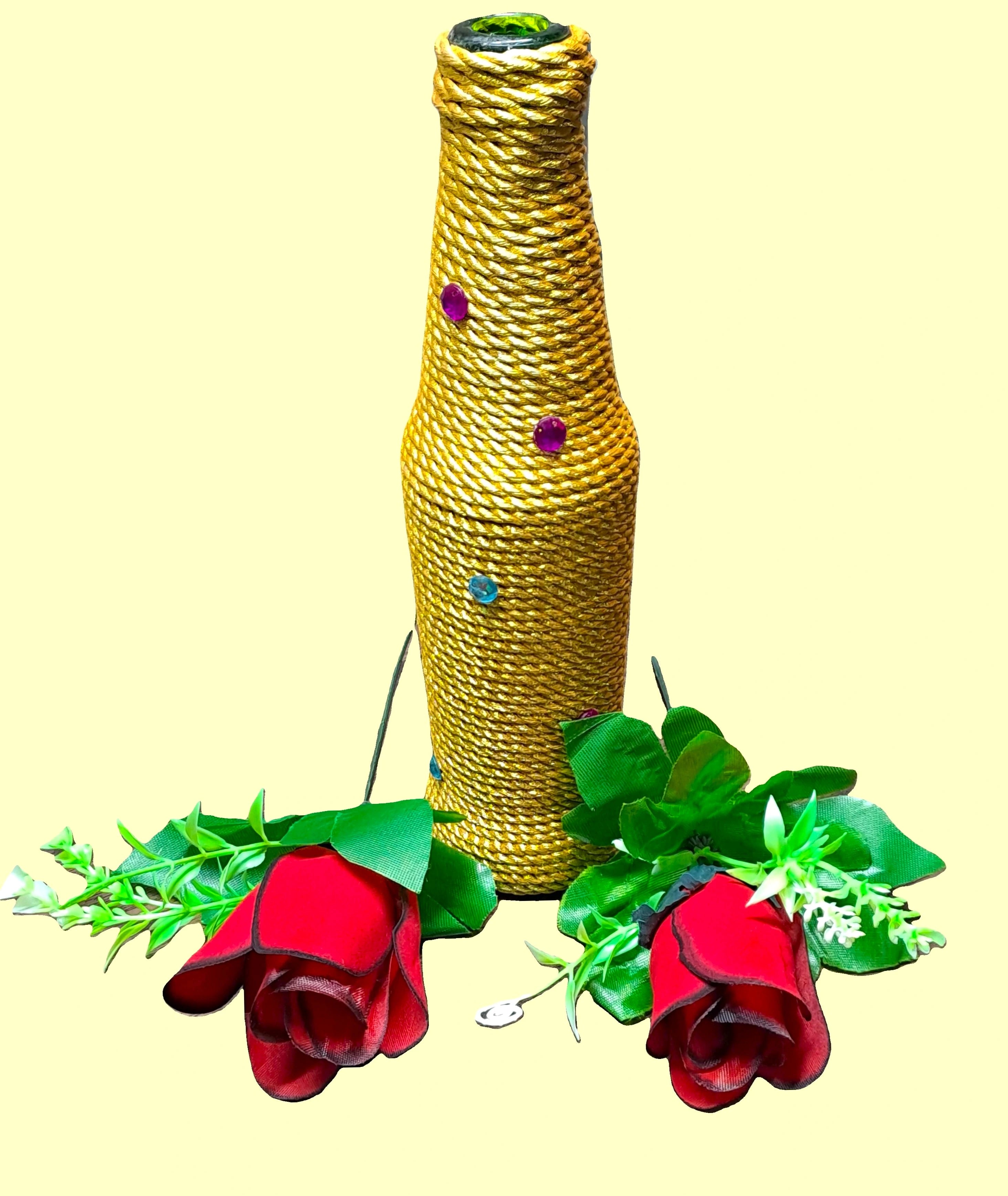 Handcrafted Glass Bottle Vase Embellished with Golden Rope & Beads (with 2 Rose Flower Stems)