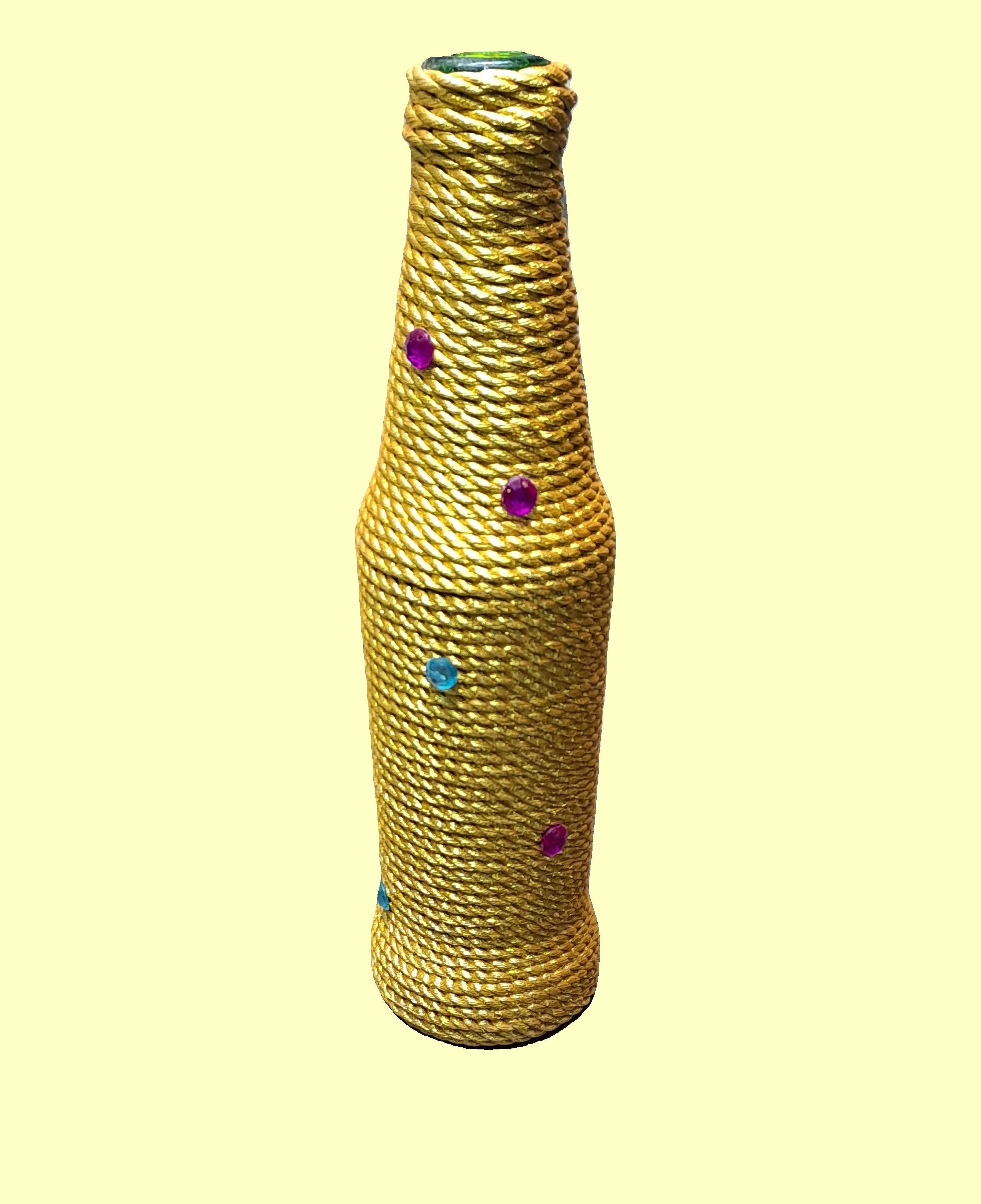 Handcrafted Glass Bottle Vase Embellished with Golden Rope & Beads (with 2 Rose Flower Stems)