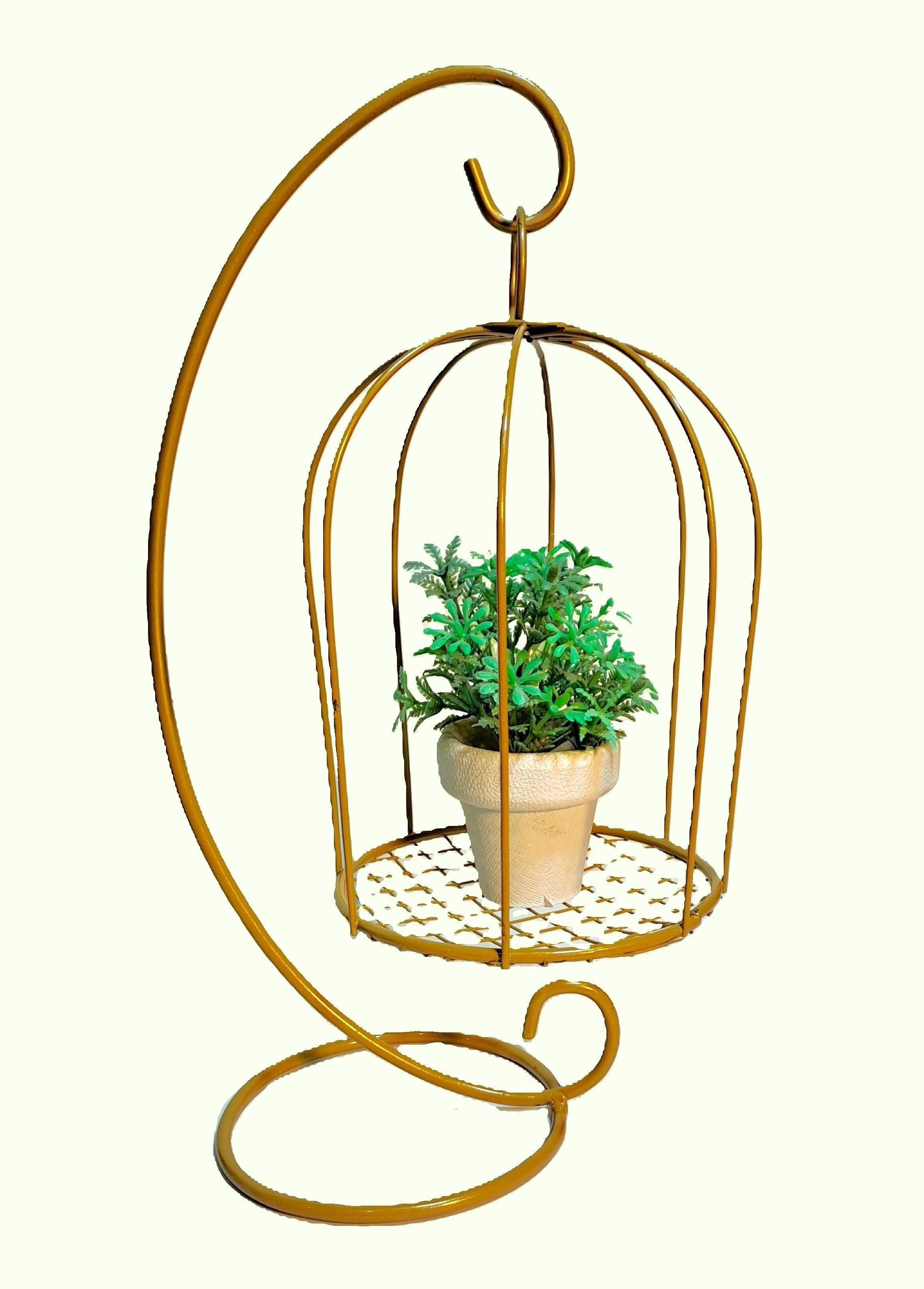 Golden Metallic Cage with Plant Pot inside, hanged on Golden Stand