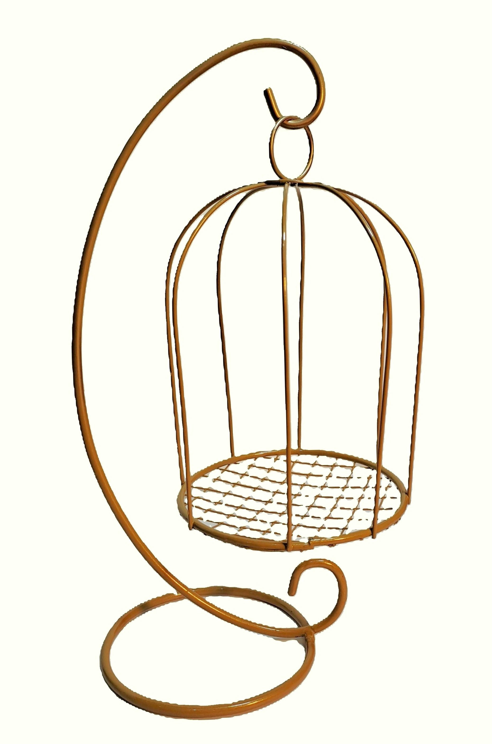 Golden Metallic Cage with Plant Pot inside, hanged on Golden Stand