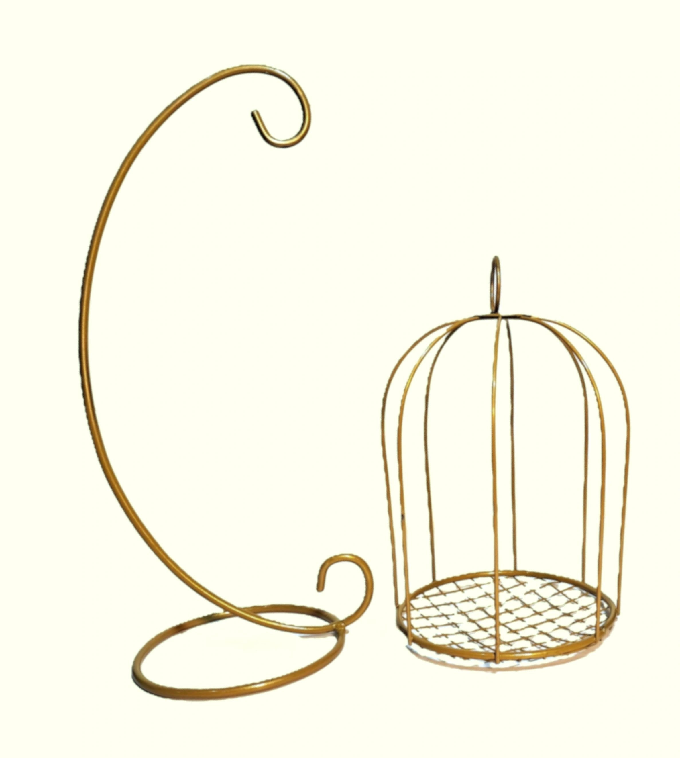 Golden Metallic Cage with Plant Pot inside, hanged on Golden Stand
