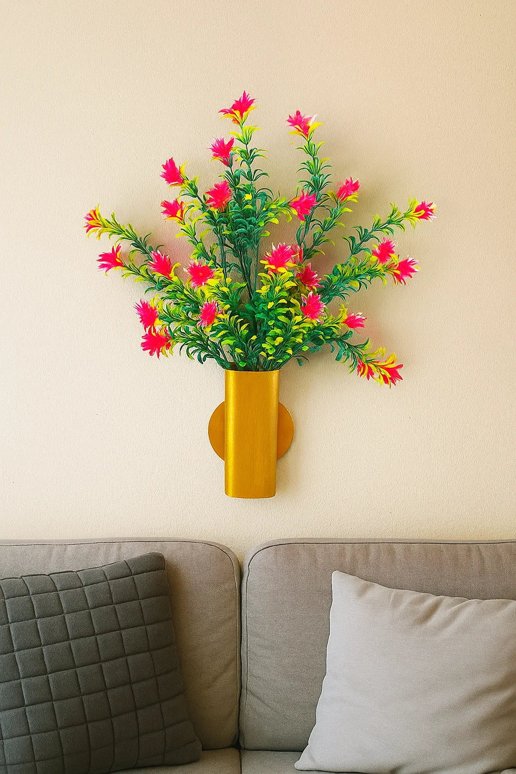 Golden Plastic Hanging Vase with artificial Pink flowers Bunch