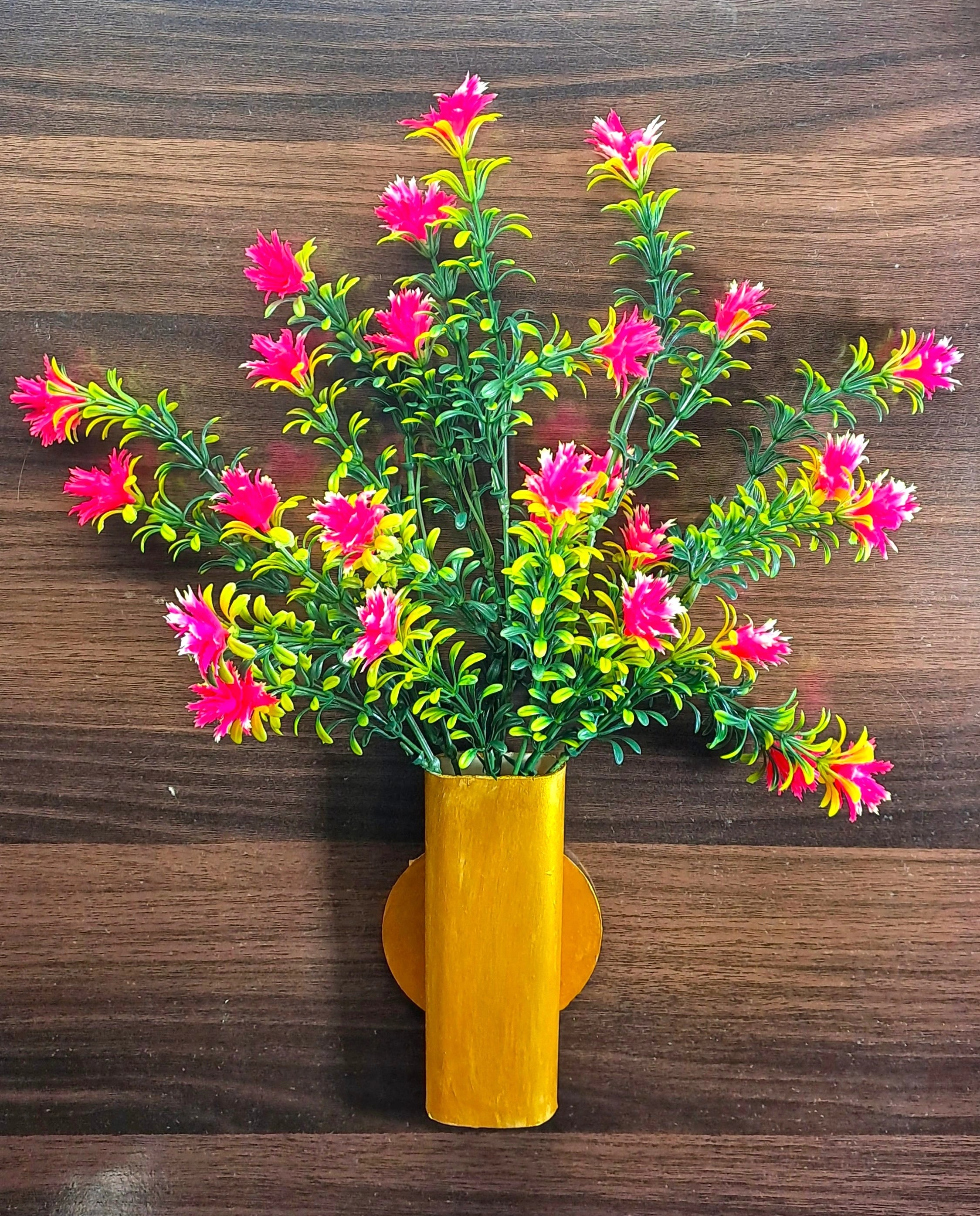 Golden Plastic Hanging Vase with artificial Pink flowers Bunch