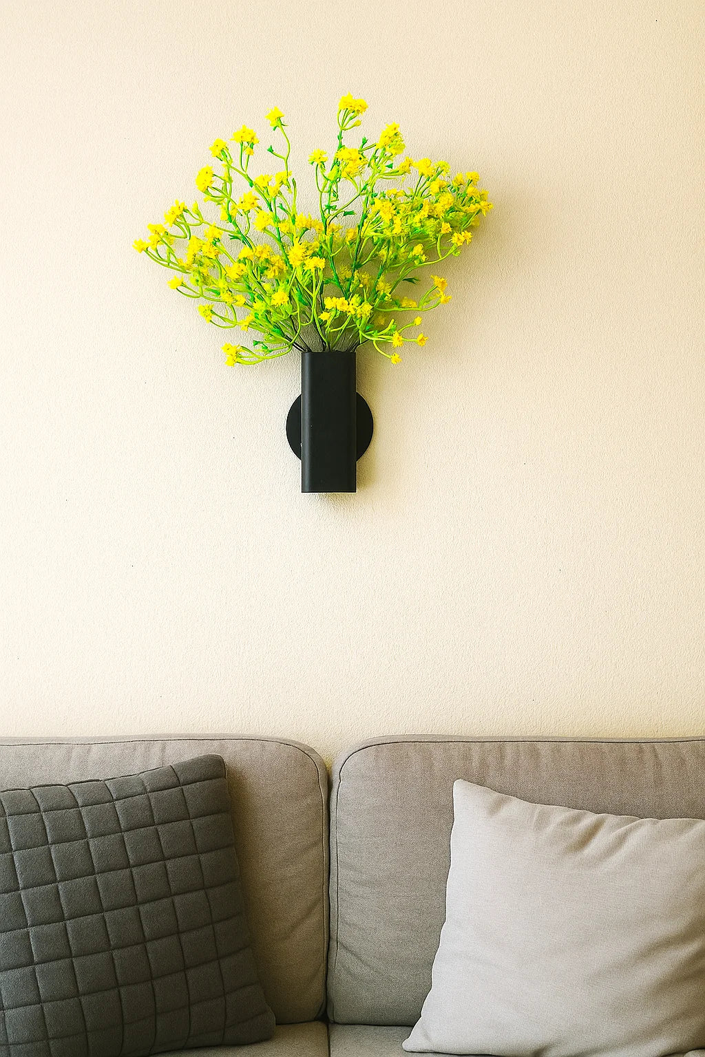 Black Plastic Hanging Vase with artificial Gypsophila Yellow flowers Bunch