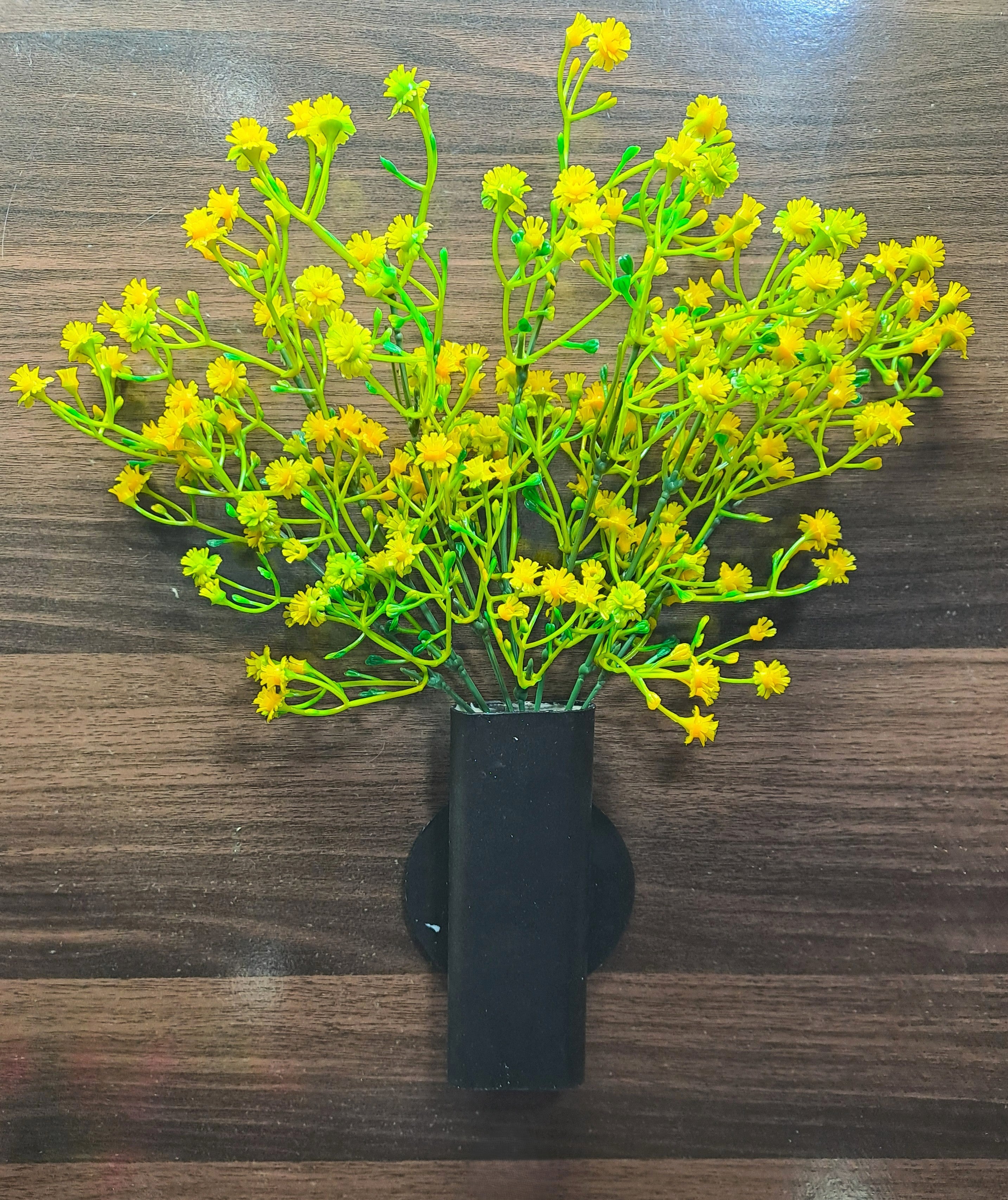 Black Plastic Hanging Vase with artificial Gypsophila Yellow flowers Bunch