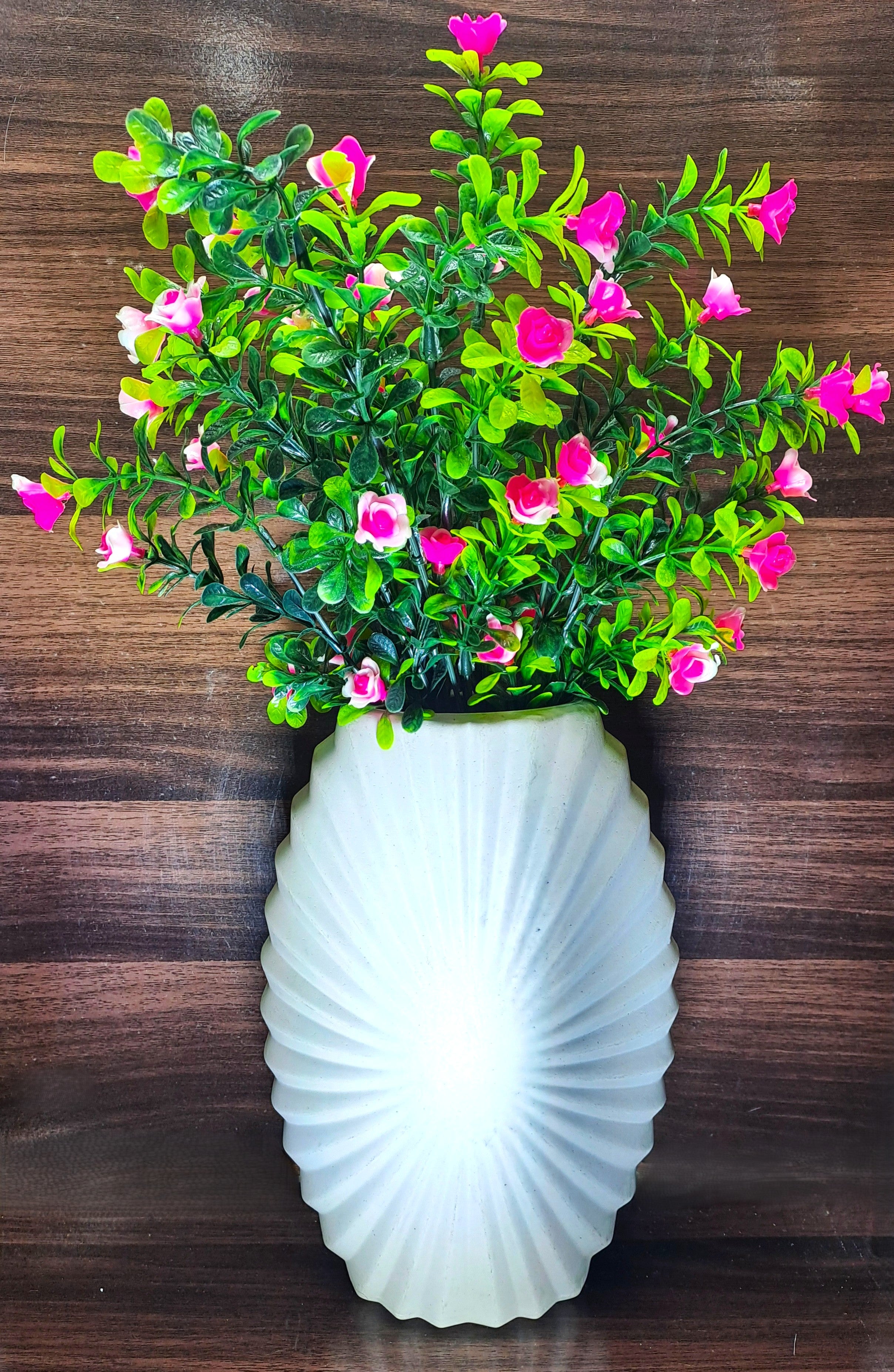 Off-White Plastic Vase with Bunch of Plastic Plant leaves & Pink flowers