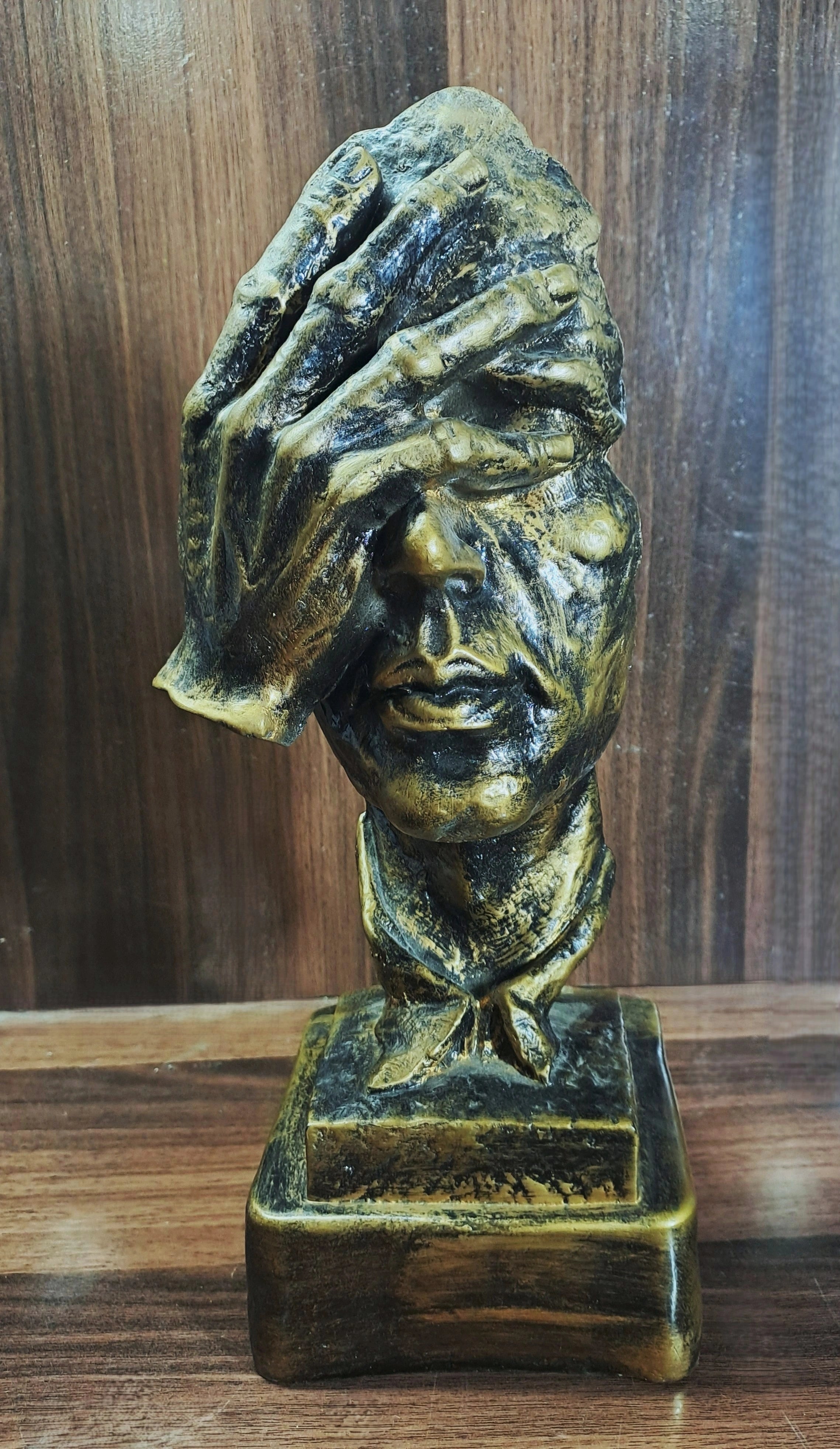 Golden-Black Vintage look Silent Face Sculpture with Hand on Eyes & Ear