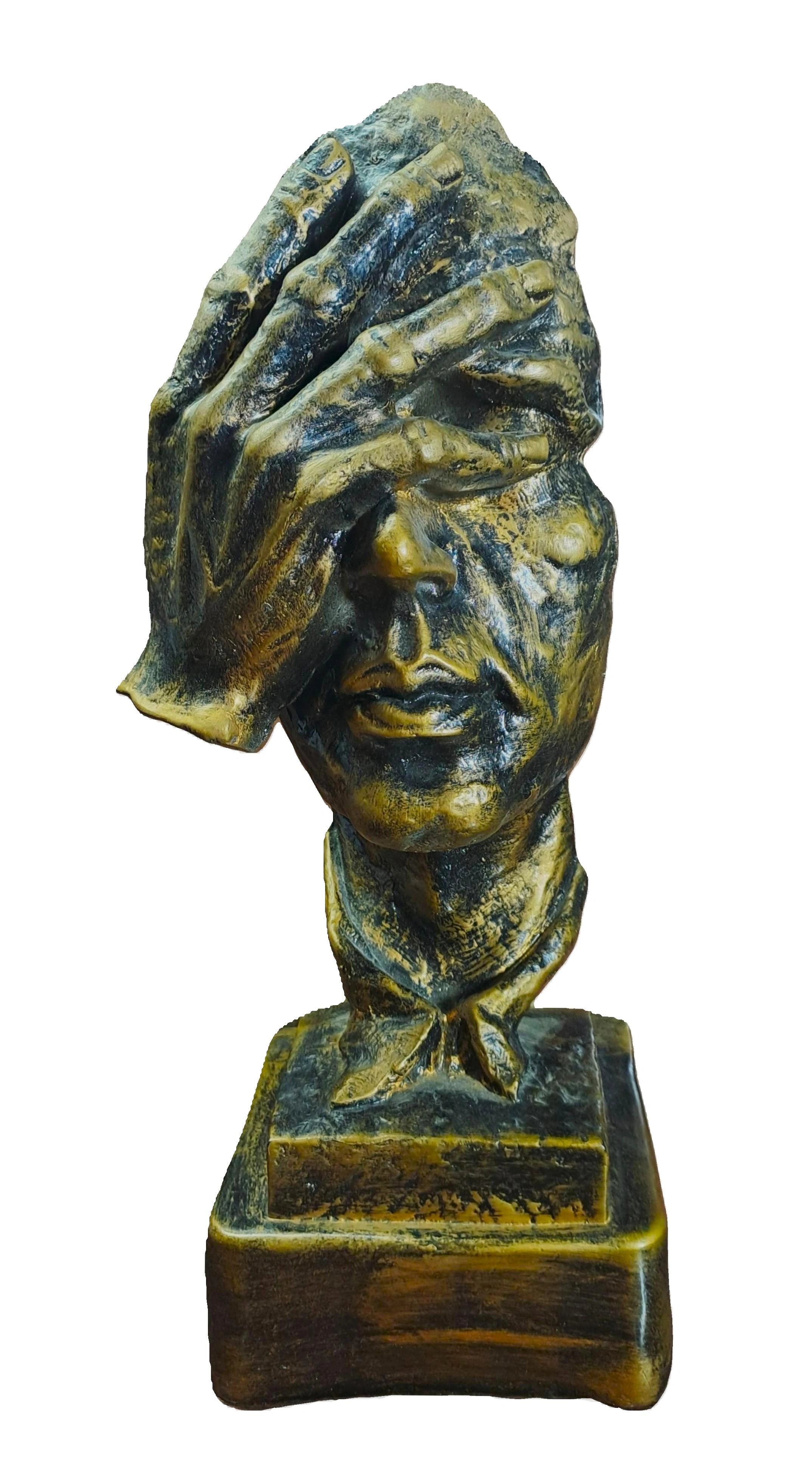 Golden-Black Vintage look Silent Face Sculpture with Hand on Eyes & Ear