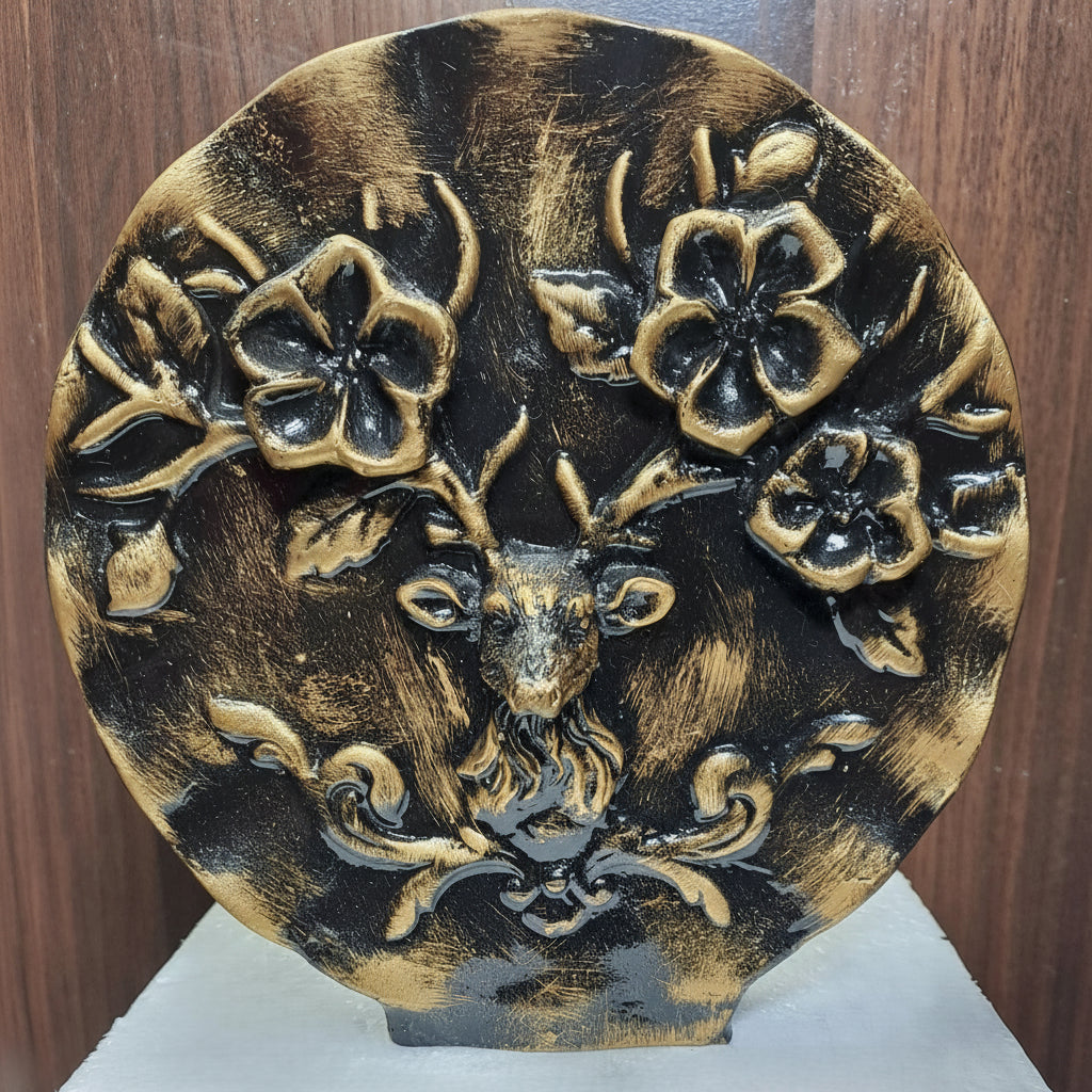 Bronze-Black Vintage look Decorative Plate with Deer Face on Resin Base