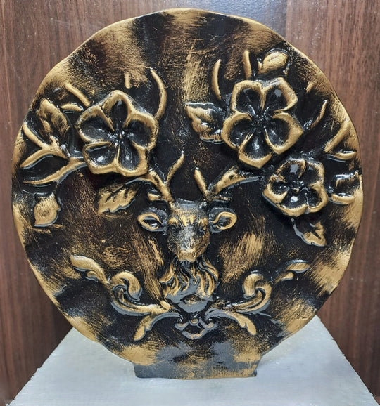 Bronze-Black Vintage look Decorative Plate with Deer Face on Resin Base