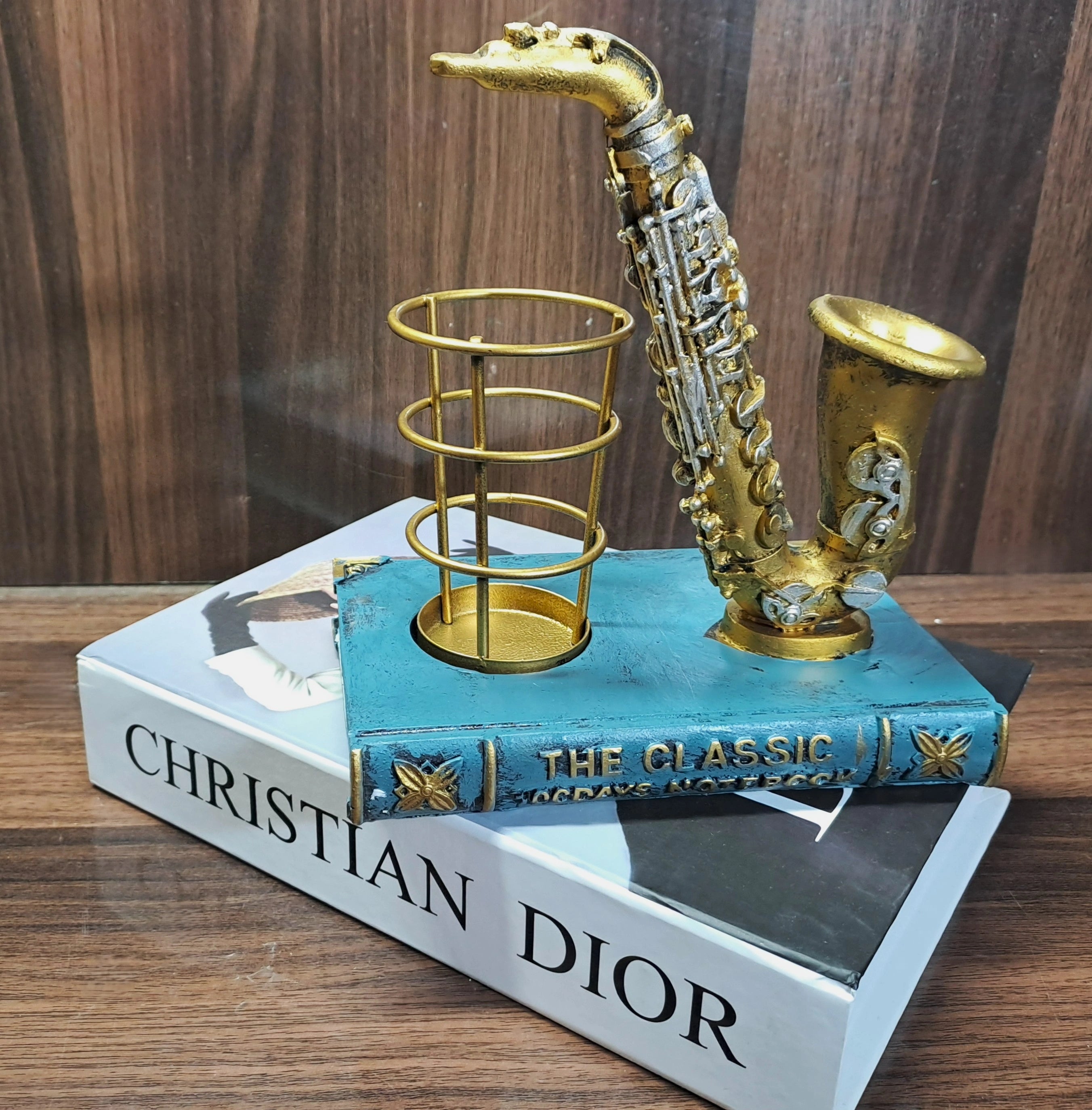 Vintage look Penholder with Trumpet over Resin Book