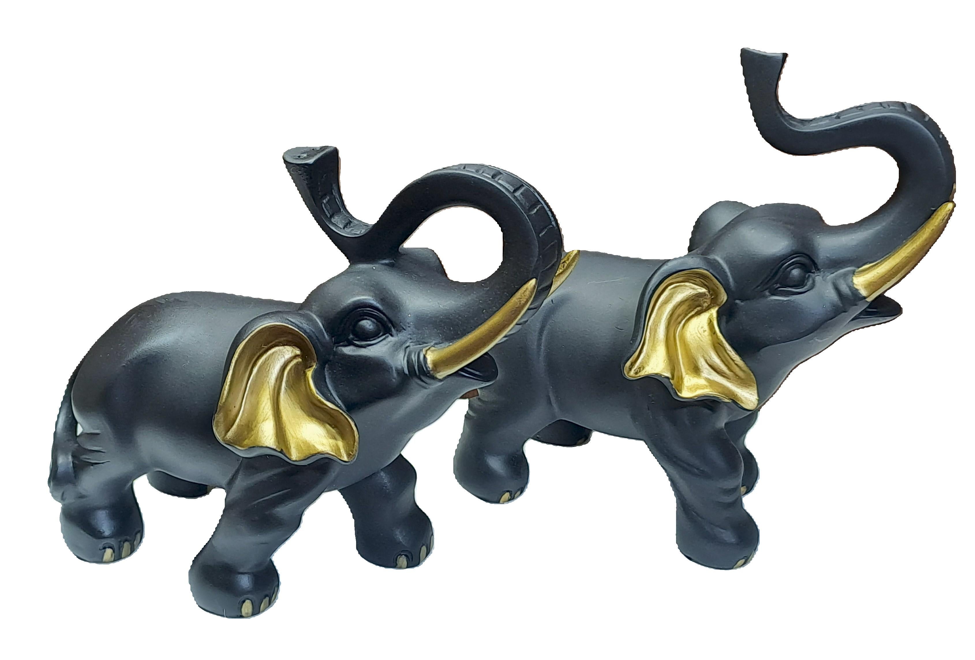 Set of 2 Black-Golden Elephant Statues