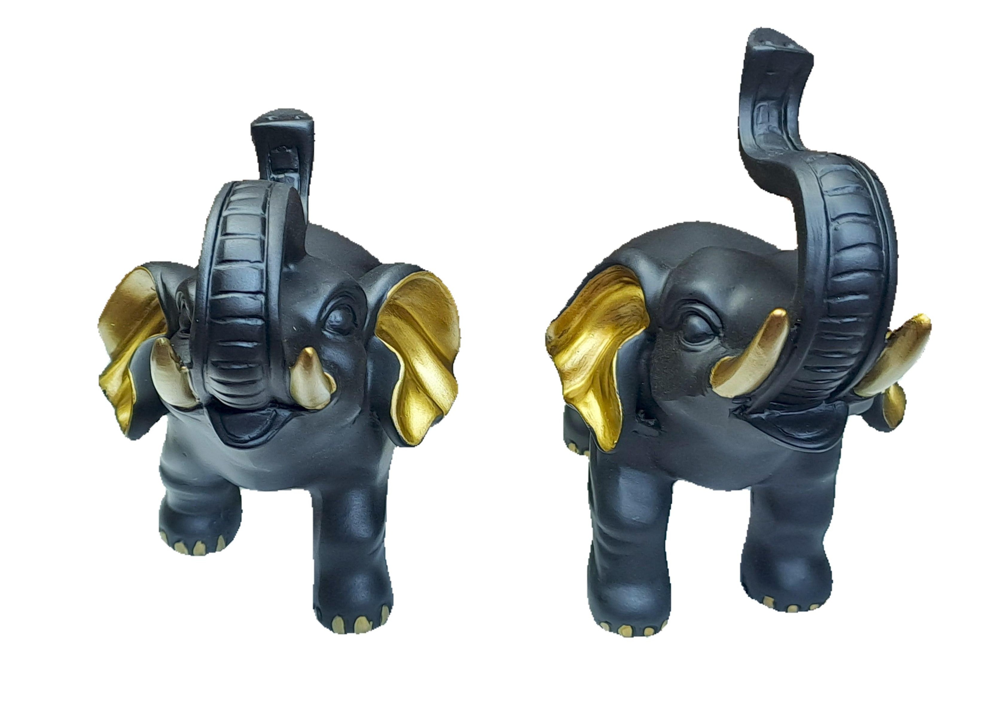 Set of 2 Black-Golden Elephant Statues