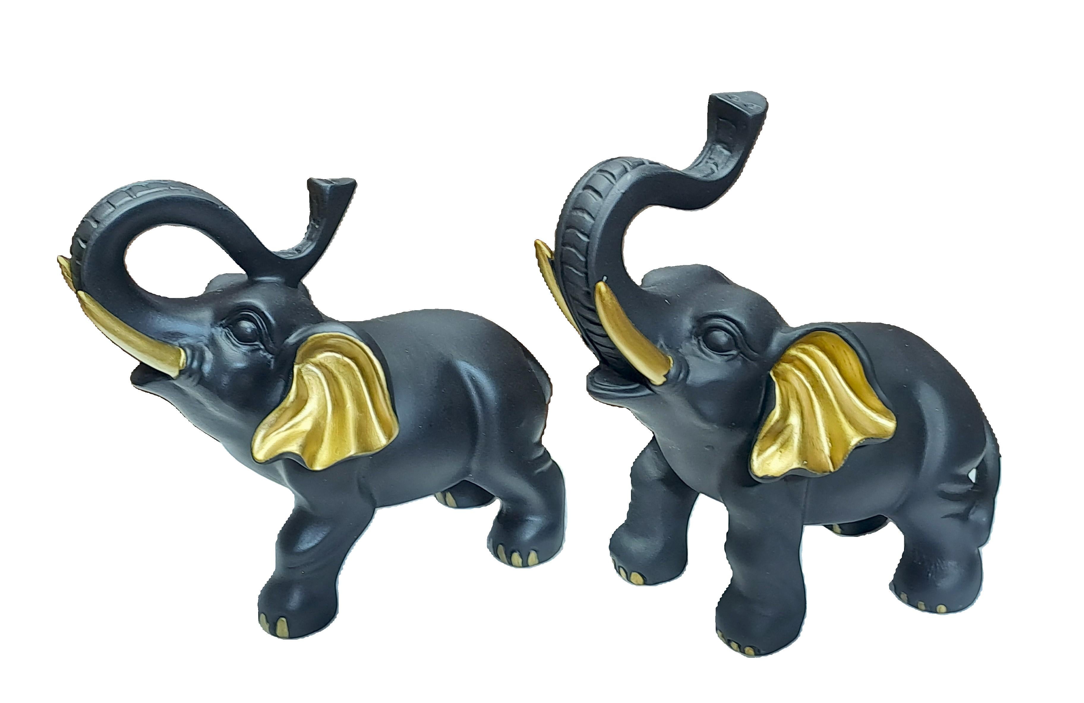 Set of 2 Black-Golden Elephant Statues