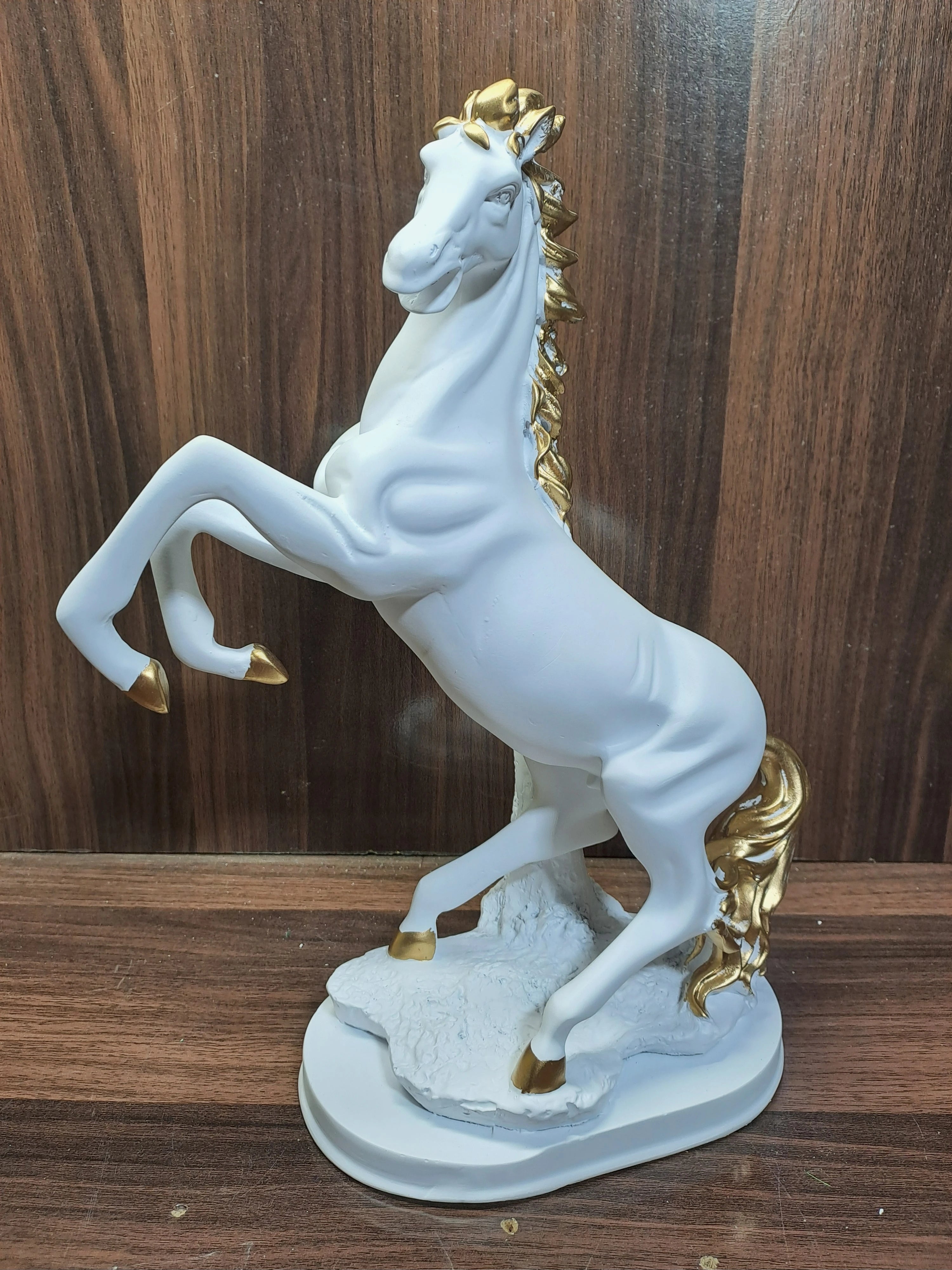 Elegant White-Golden Standing Horse Statue on White Resin Base