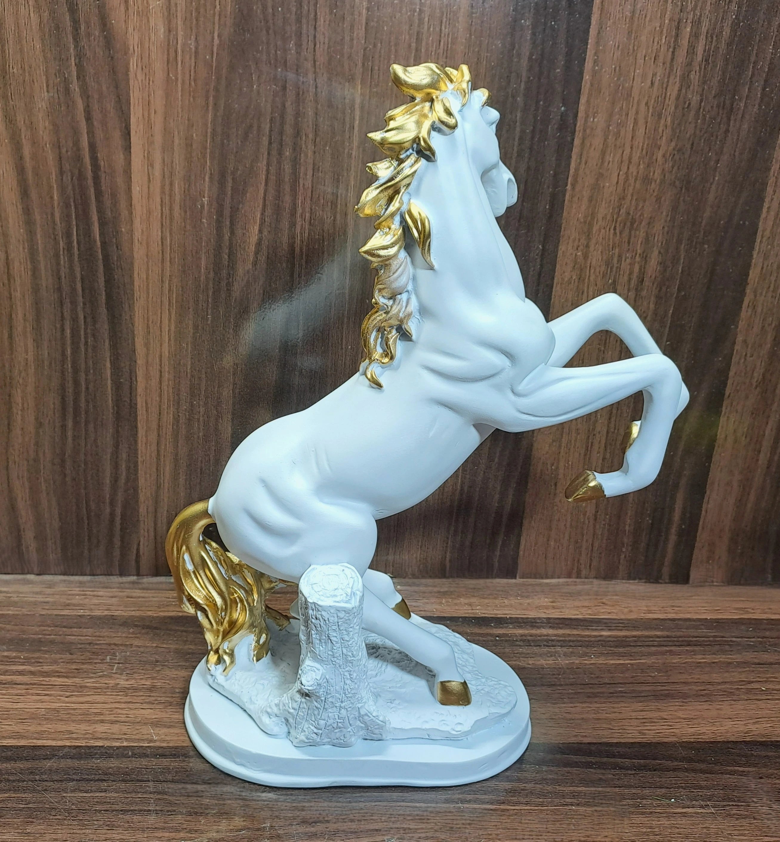 Elegant White-Golden Standing Horse Statue on White Resin Base