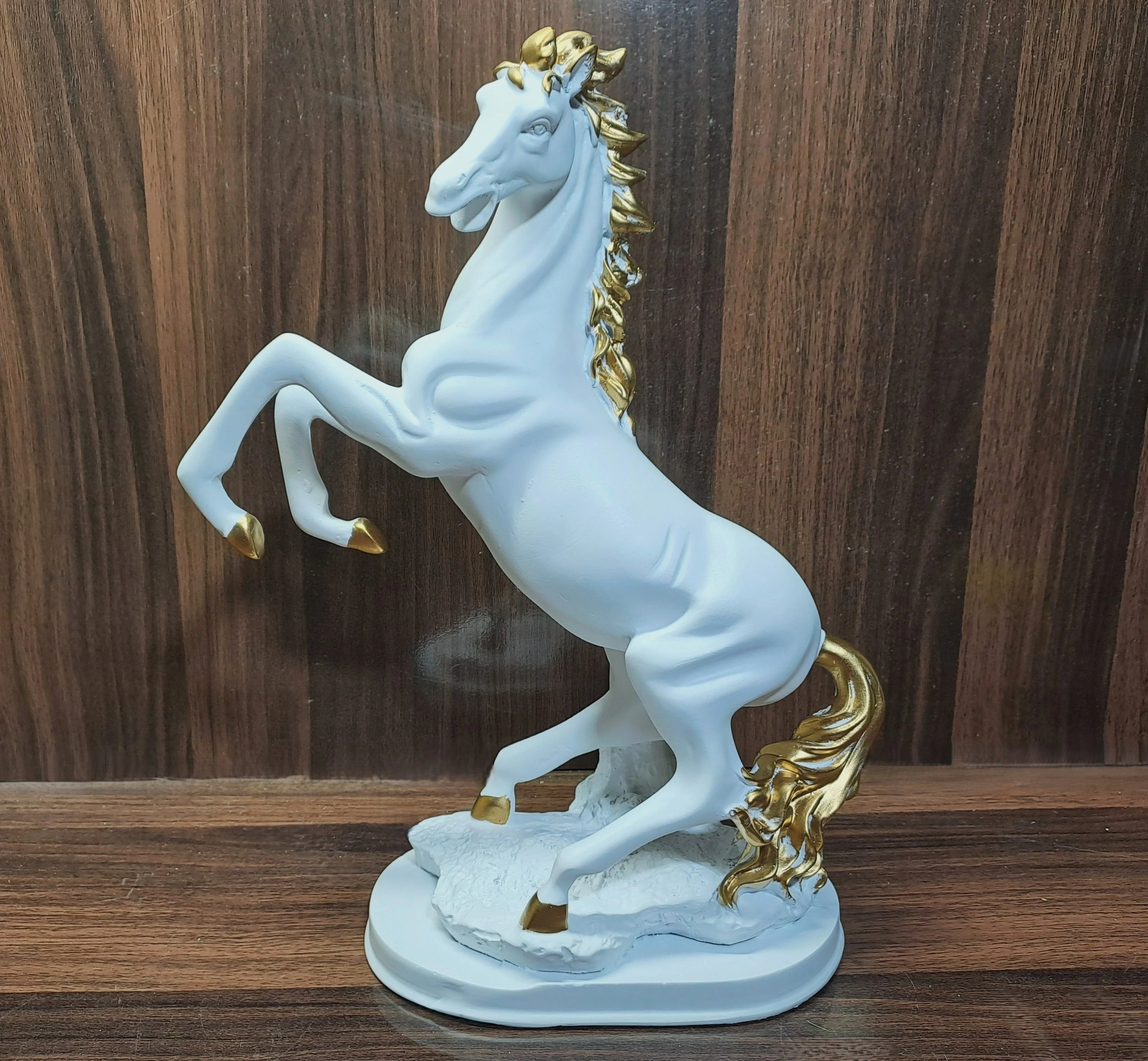 Elegant White-Golden Standing Horse Statue on White Resin Base