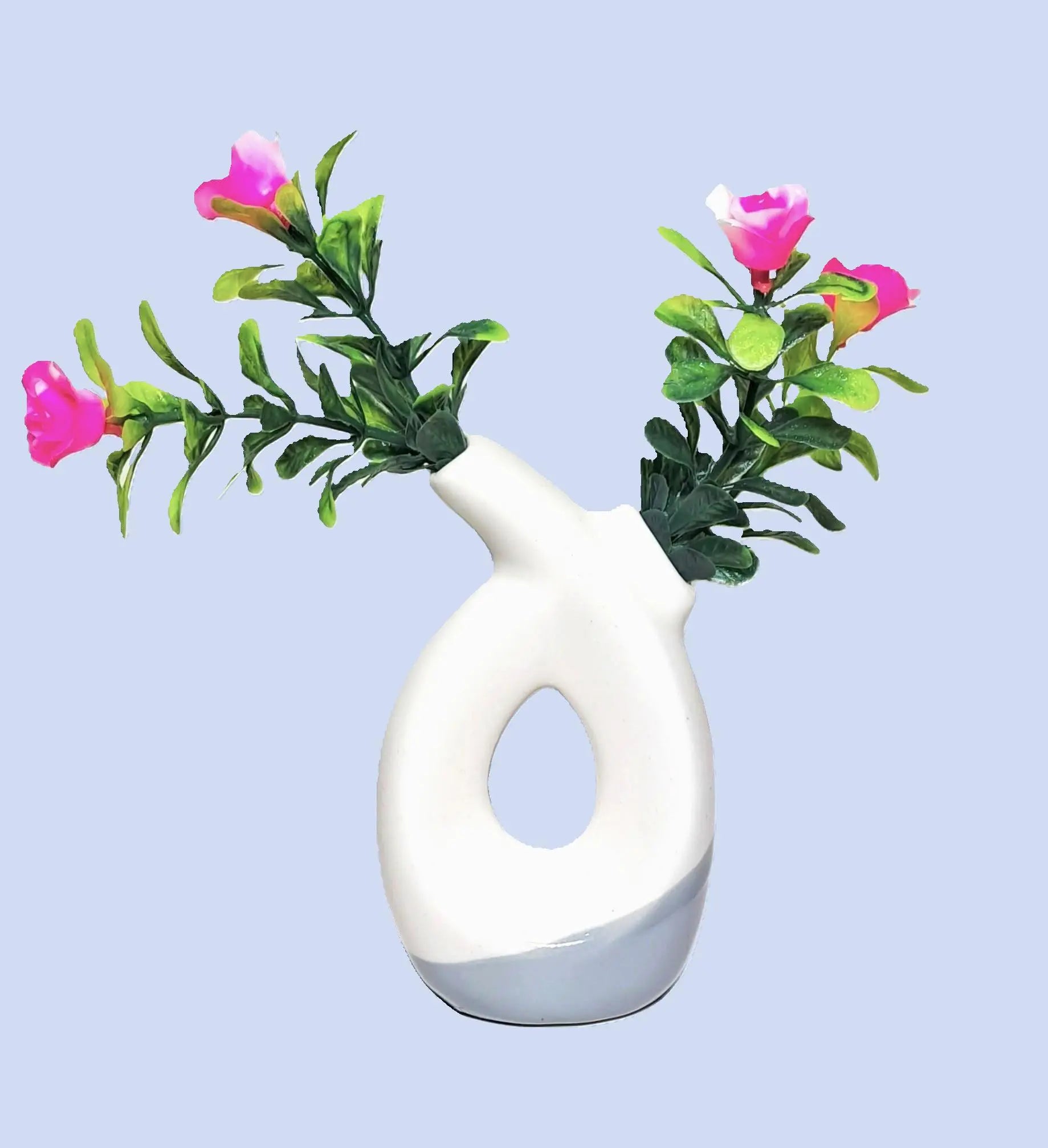 Aesthetic Dual Opening Ceramic Vase with artificial Plastic Plant Leaves & Pink flowers