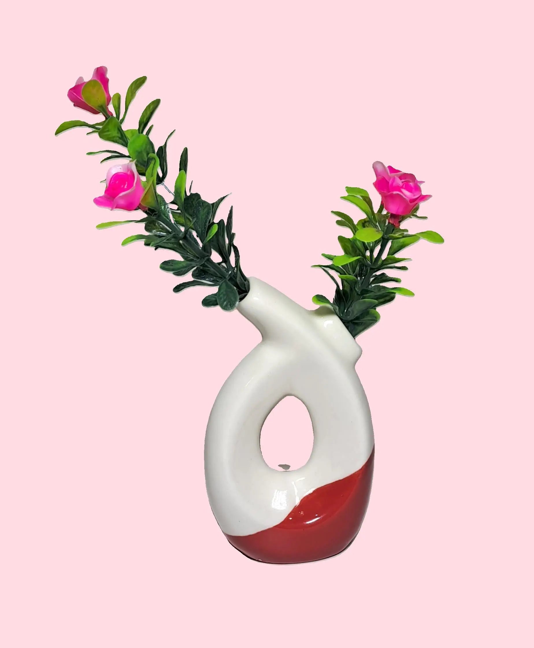 Aesthetic Dual Opening Ceramic Vase with artificial Plastic Plant Leaves & Pink flowers