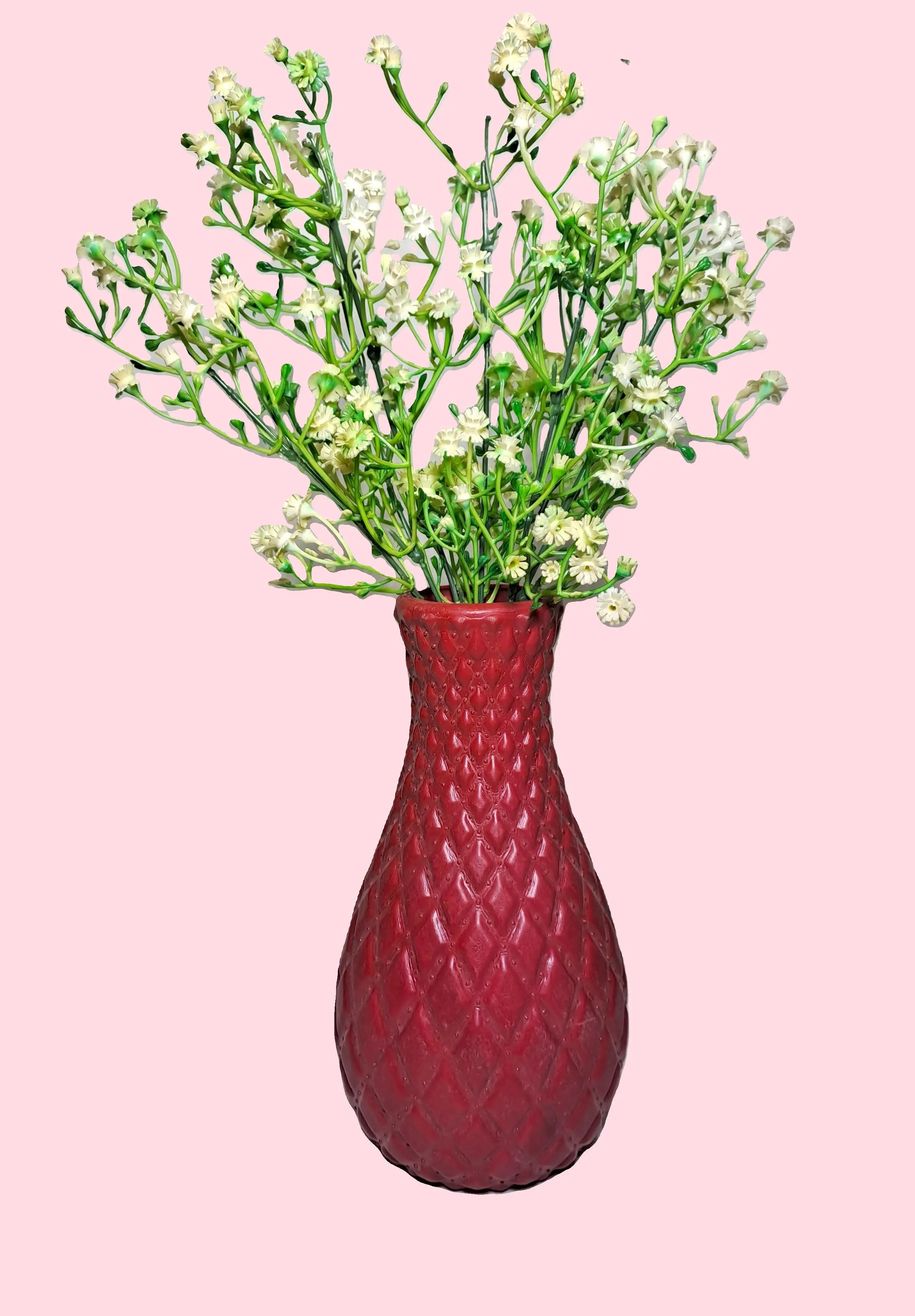 Unique Designer Plastic Vase (Maroon) with Bunch of Plastic Gypsophila Flowers