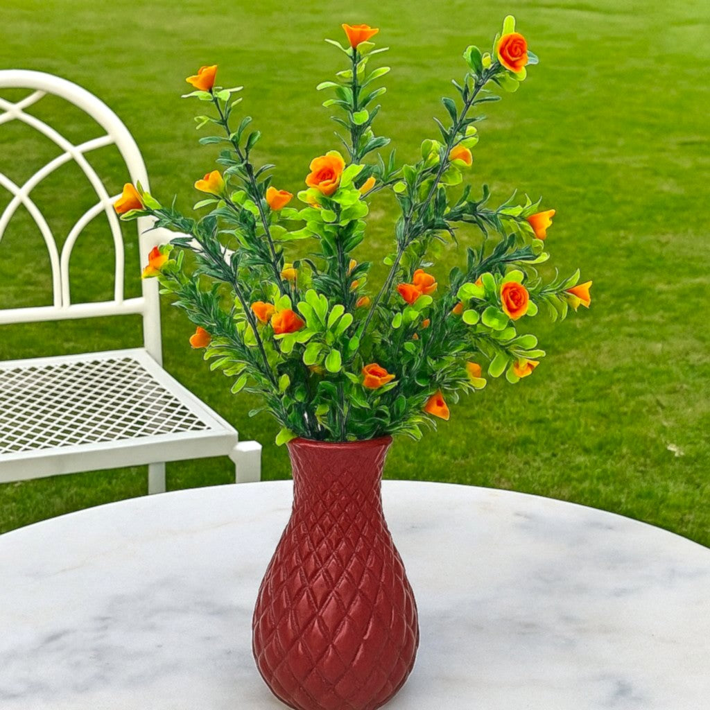 Unique Designer Plastic Vase (Maroon) with Bunch of Plastic Plant Leaves & Orange Flowers