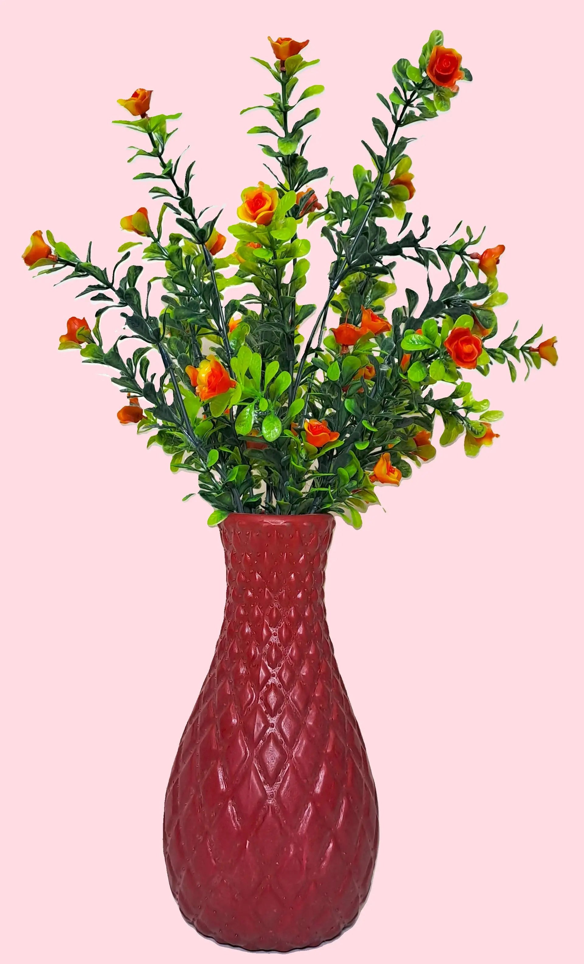 Unique Designer Plastic Vase (Maroon) with Bunch of Plastic Plant Leaves & Orange Flowers