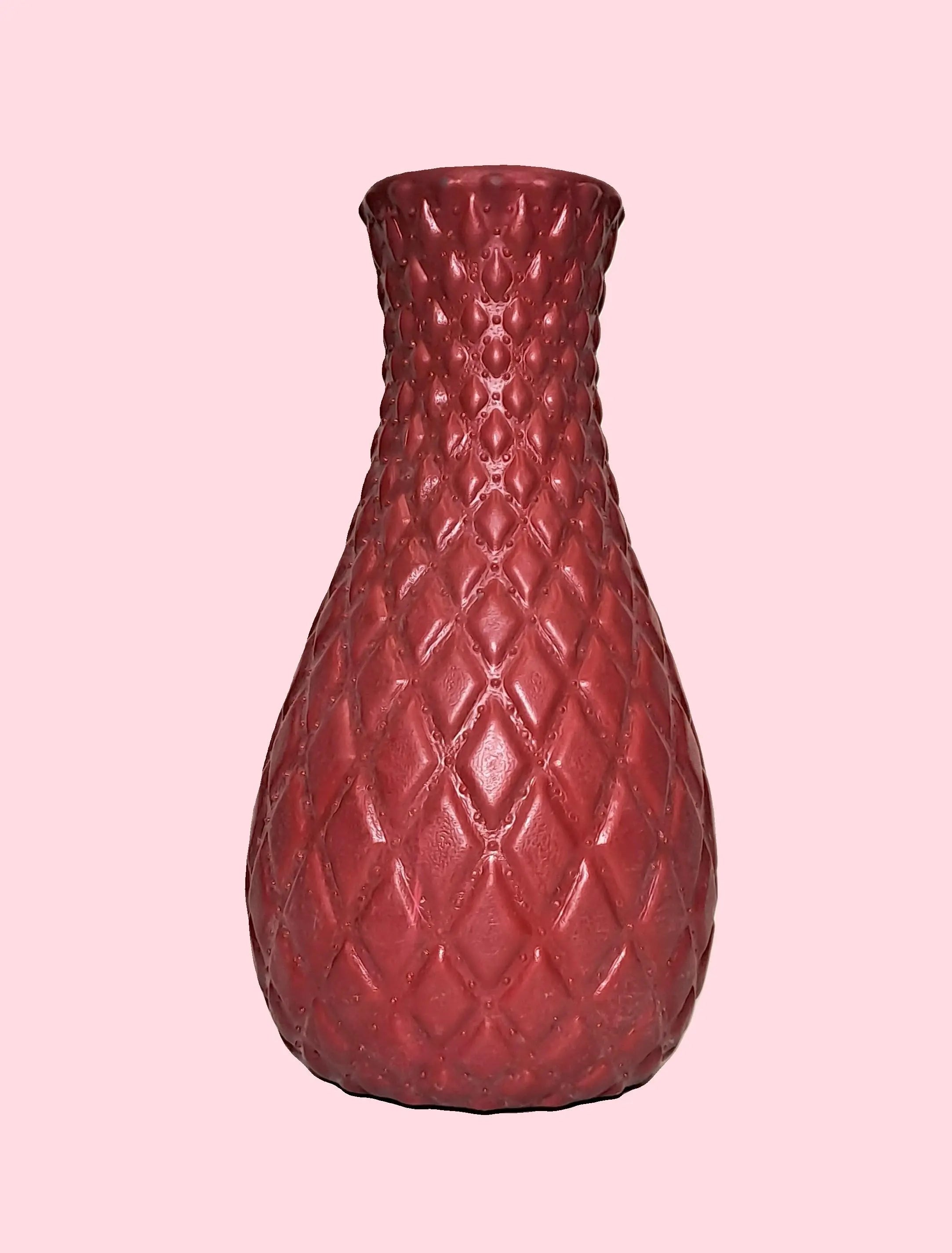 Unique Designer Plastic Vase (Maroon) with Bunch of Plastic Plant Leaves & Orange Flowers