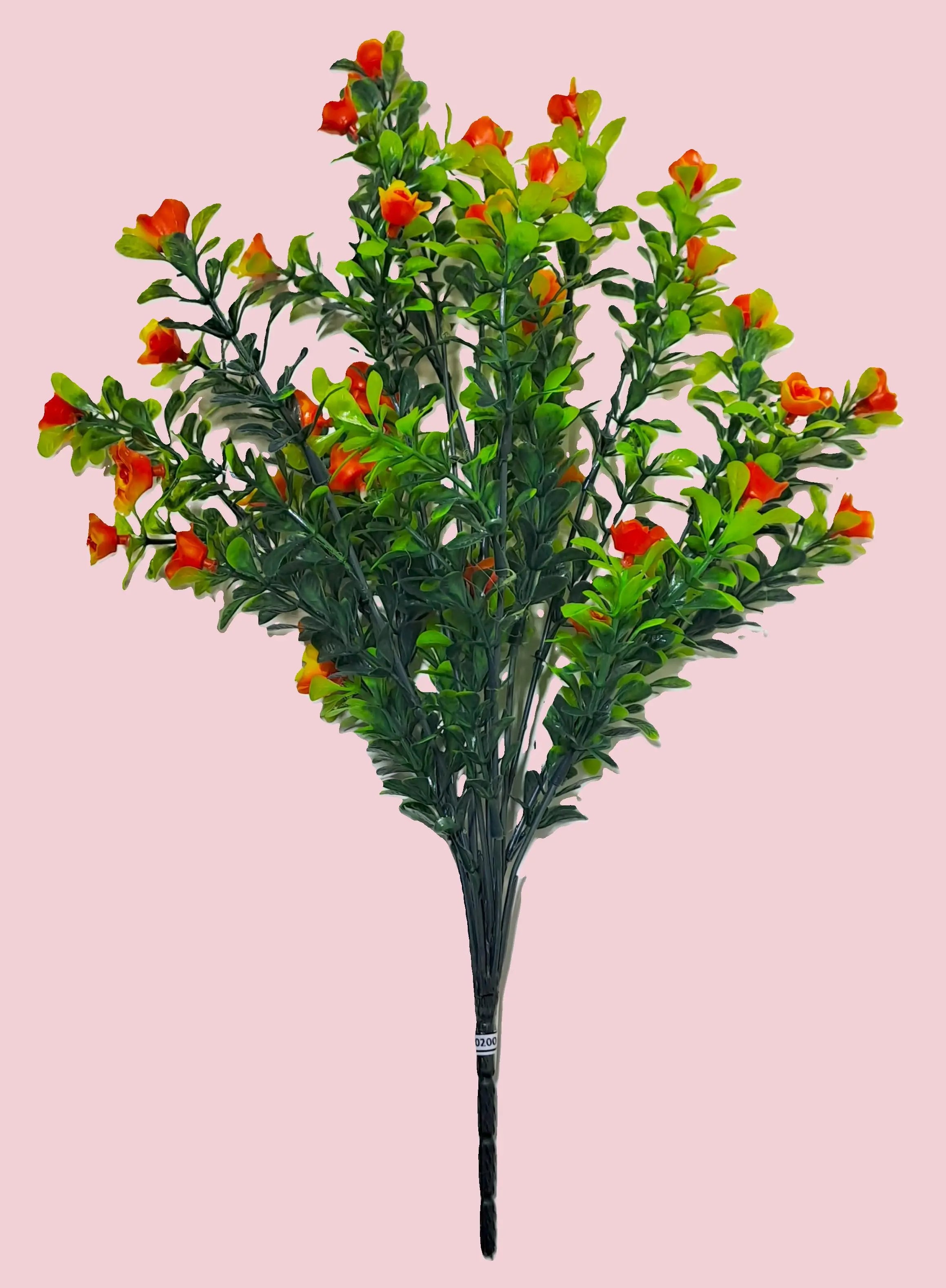 Unique Designer Plastic Vase (Maroon) with Bunch of Plastic Plant Leaves & Orange Flowers