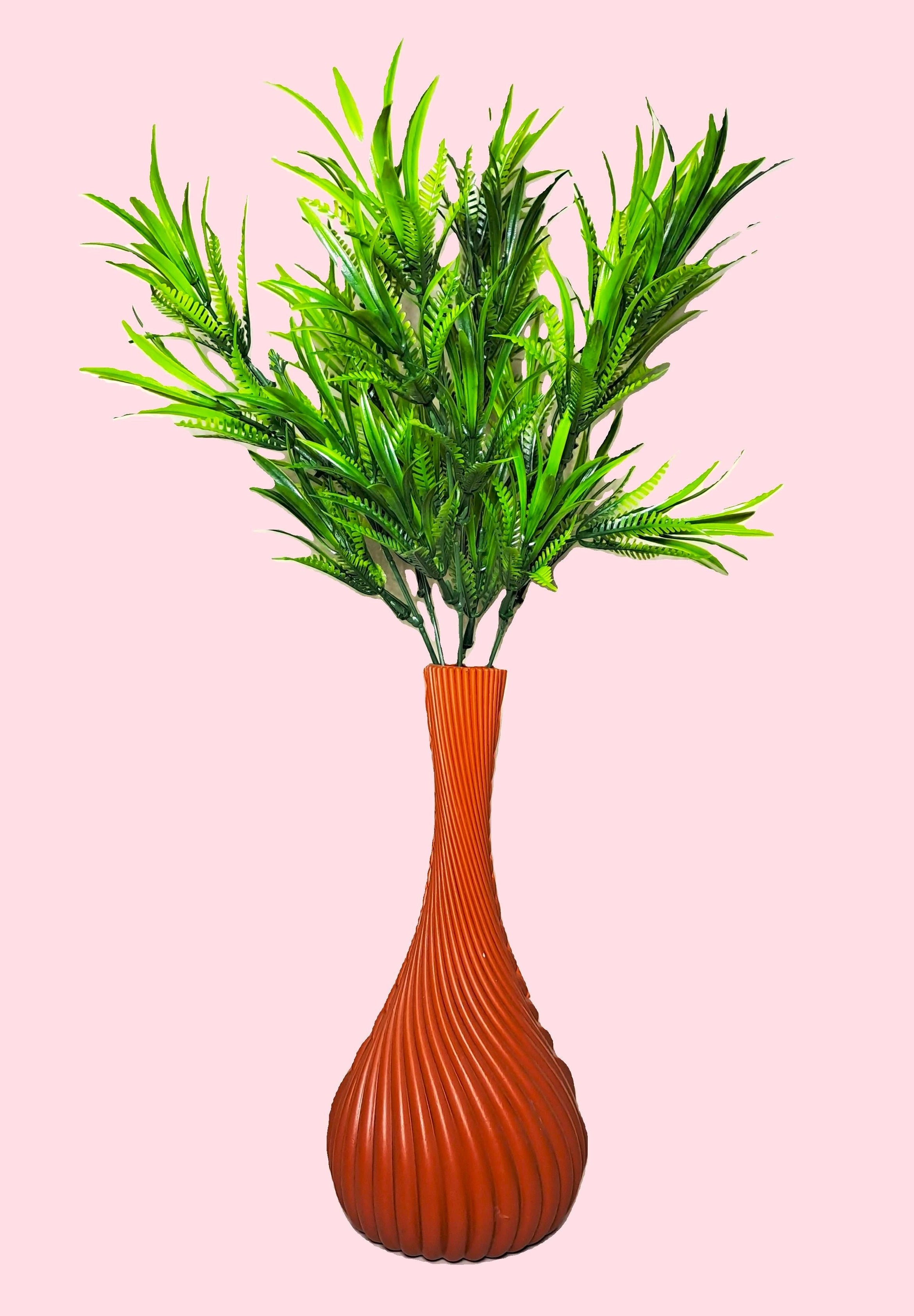 Bottle Shape Spiral Plastic Vase (Brown) with Bunch of Plastic Plant