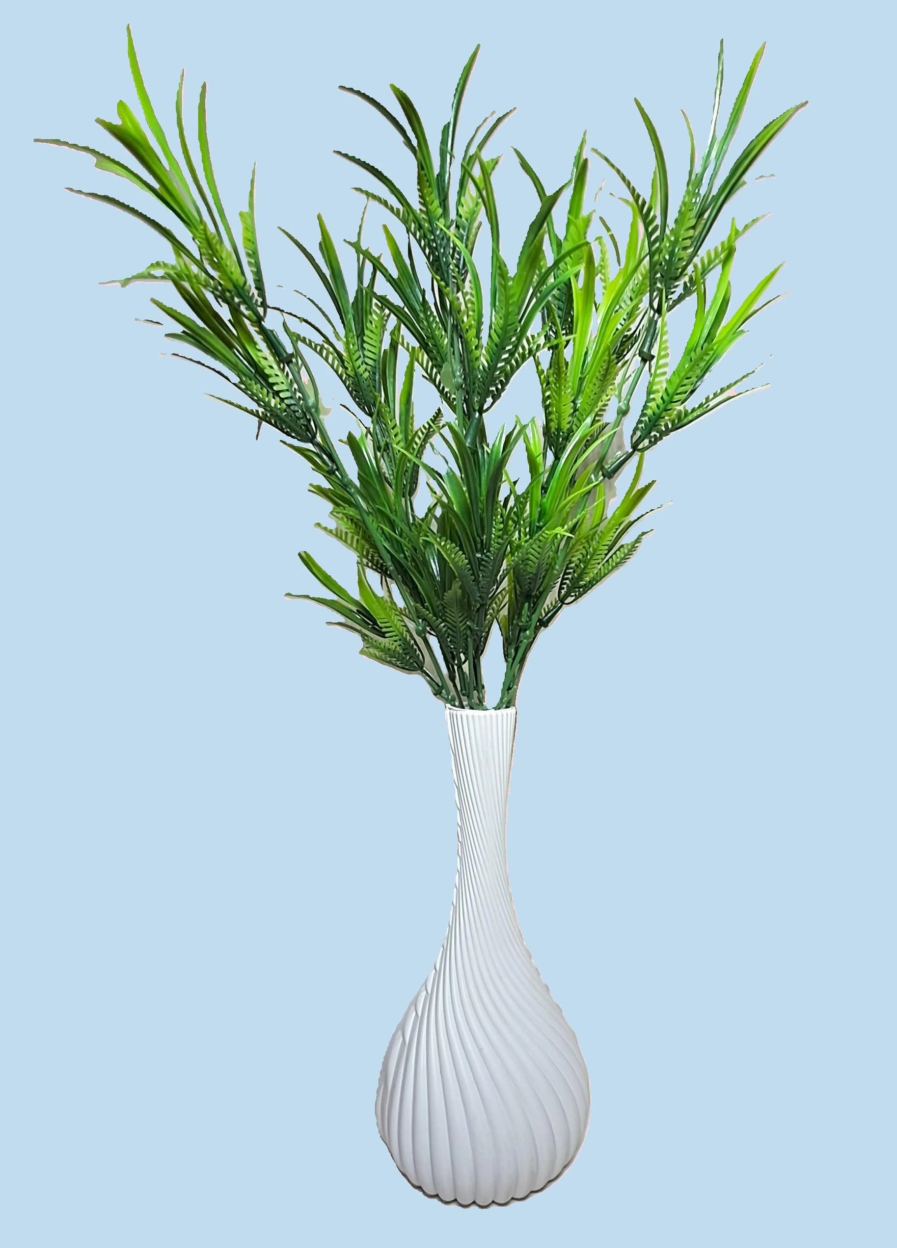 Bottle Shape Spiral Plastic Vase (White) with Bunch of Plastic Plant
